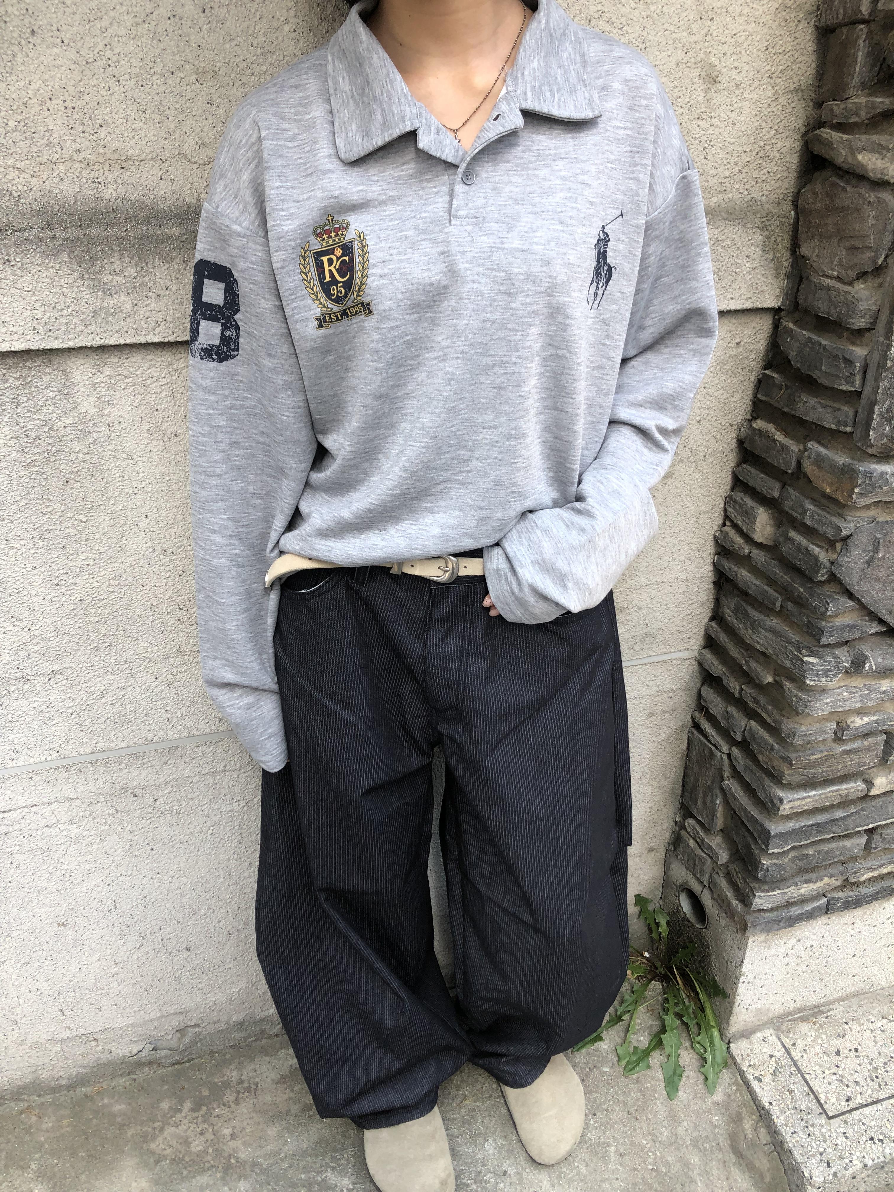 街頭經典百搭 細條紋 鬆緊帶 寬版 牛仔長褲 - 3C14
