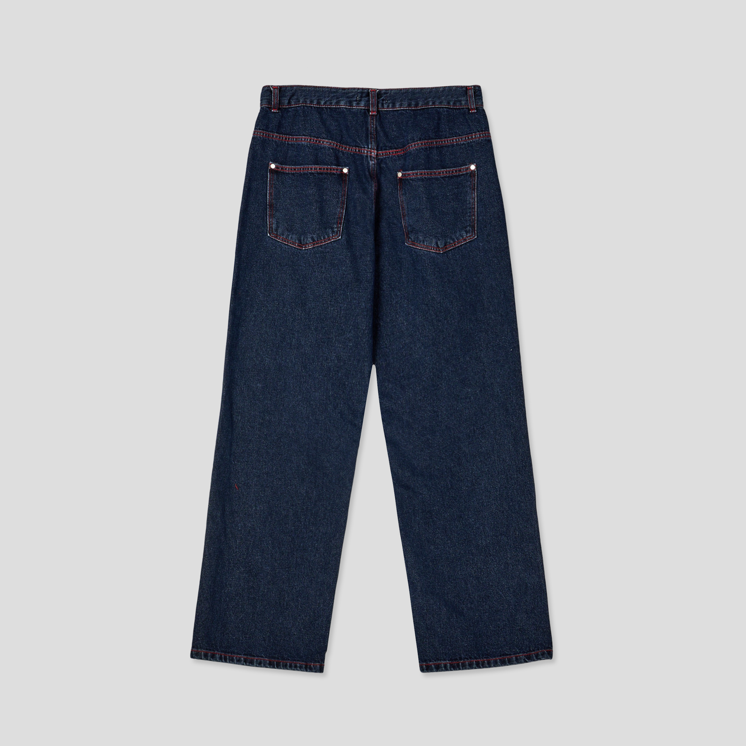 美式街頭 紅色警戒 破壞 直筒 微寬版 牛仔褲 - 1C16