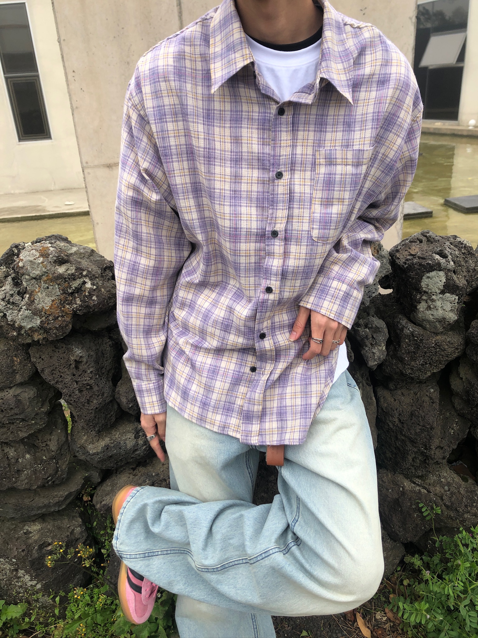 文藝浪漫派 夏季輕薄 撞色格紋 寬鬆襯衫 - 3C7