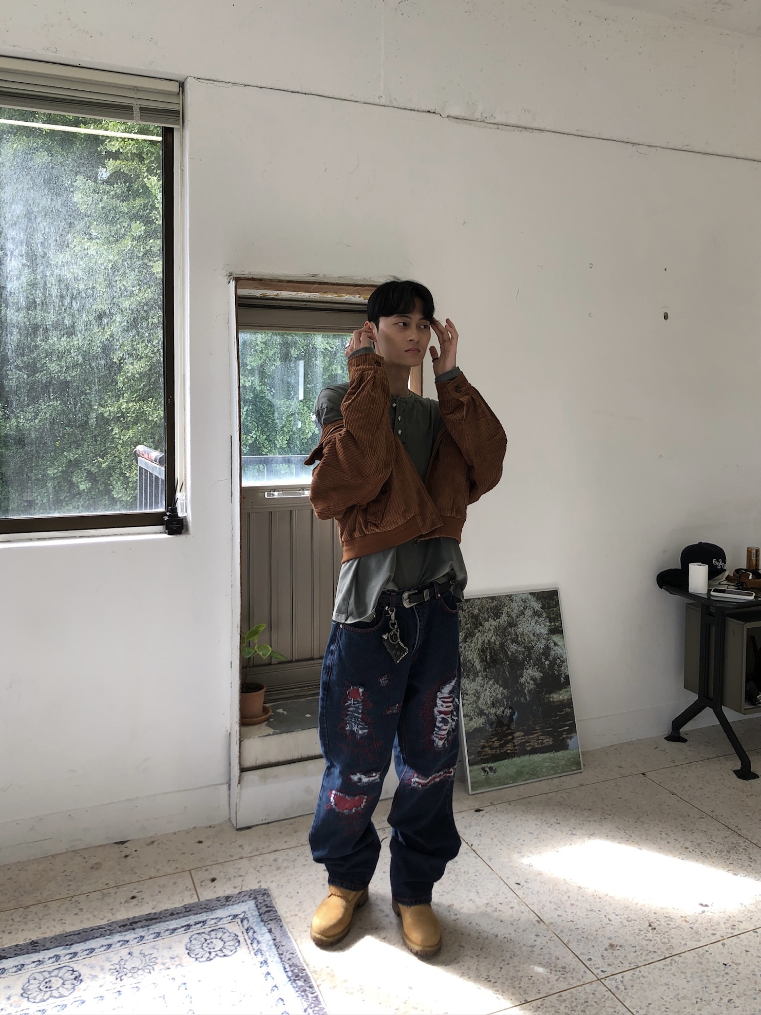 美式街頭 紅色警戒 破壞 直筒 微寬版 牛仔褲 - 1C3