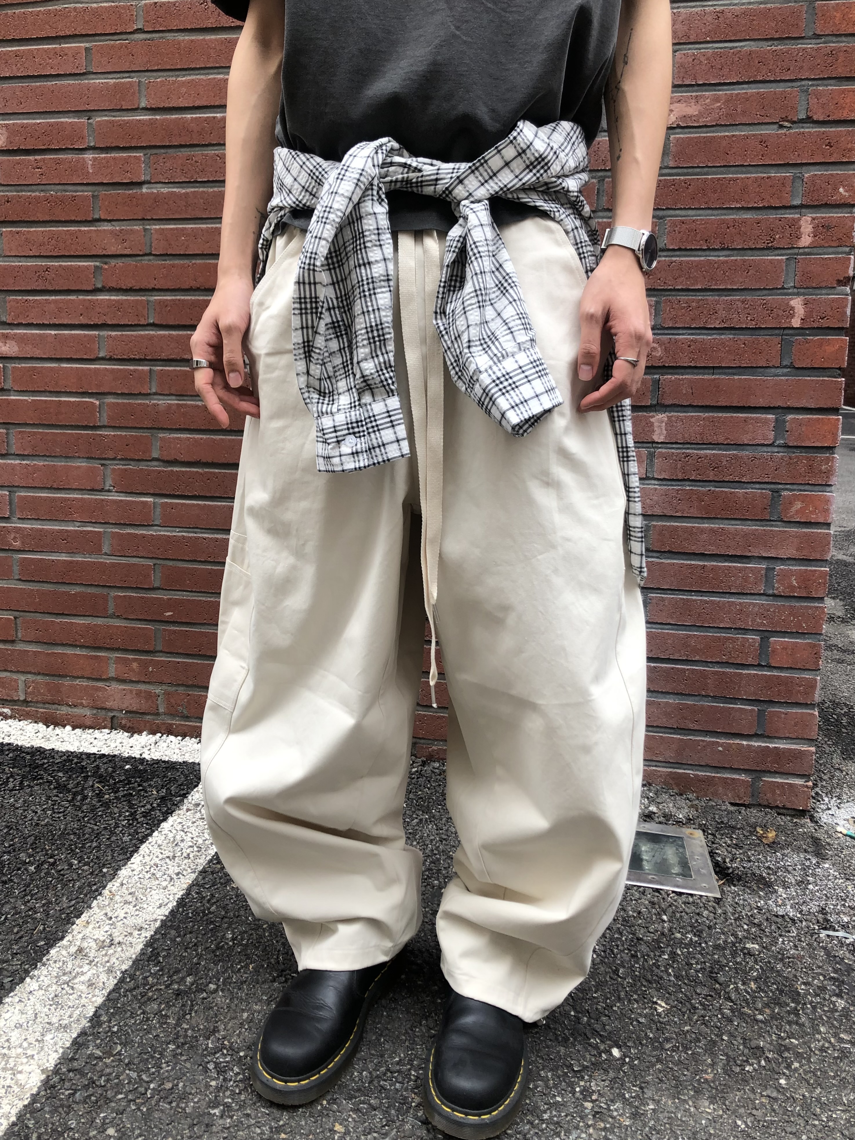 幹練率性 高檔蓬感木 寬版 鬆緊帶 工裝褲 - 3C5