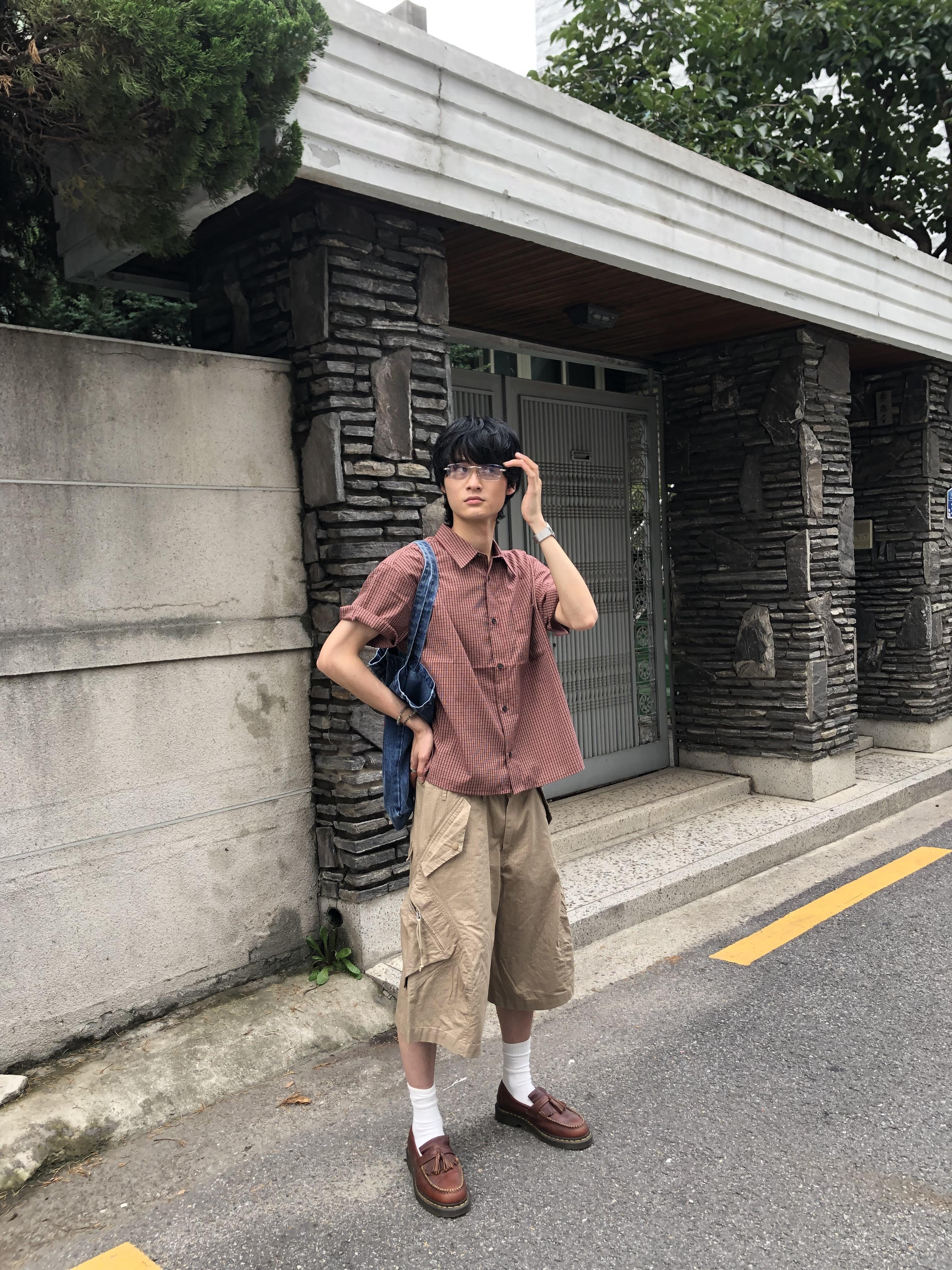 復古街頭 類尼龍 夏季清爽 斜口袋 工裝短褲 - 3C15