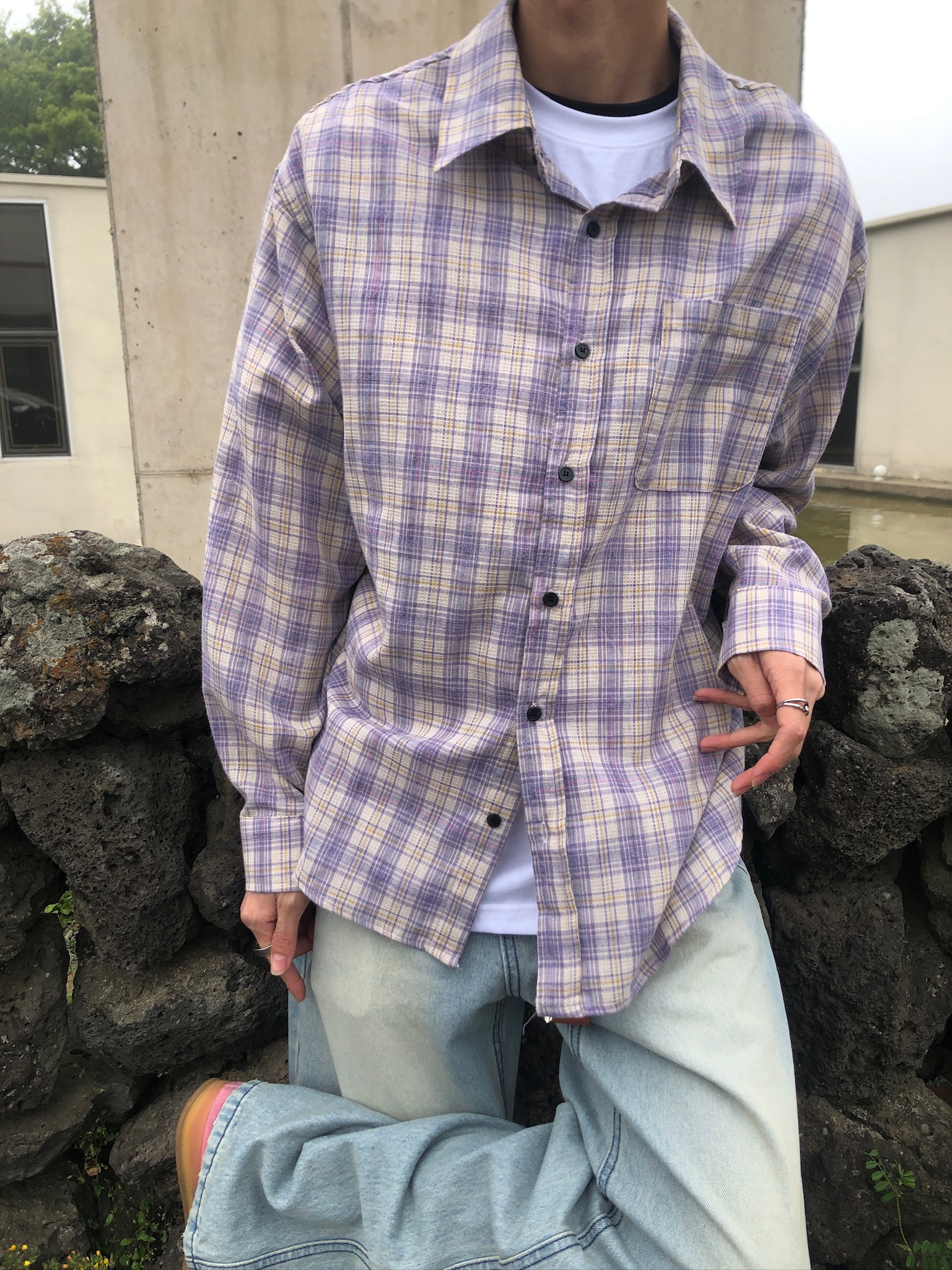 文藝浪漫派 夏季輕薄 撞色格紋 寬鬆襯衫 - 3C2