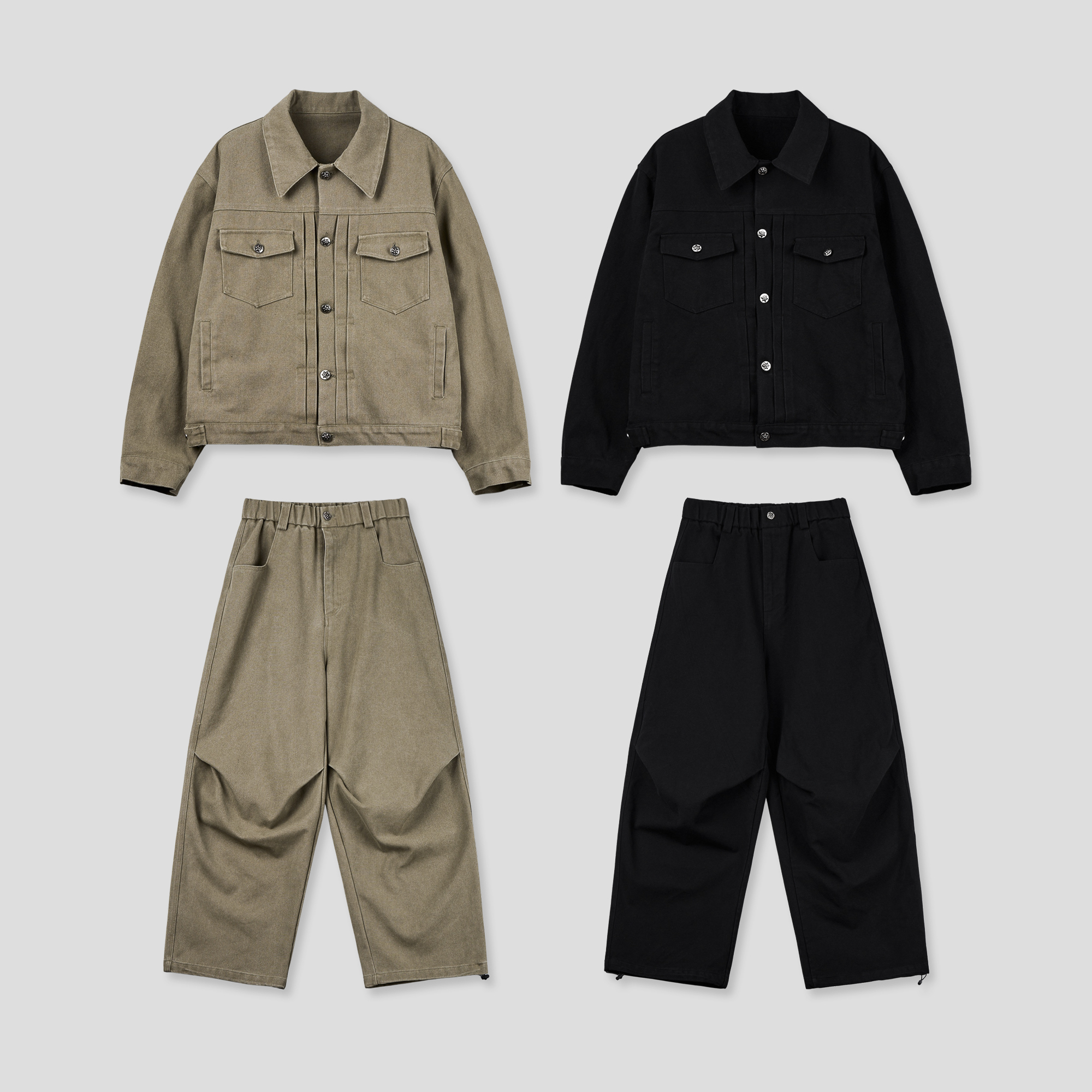 文藝鈕扣 降落傘抓皺 寬版 鬆緊帶 牛仔褲 (set-up) - 2C21