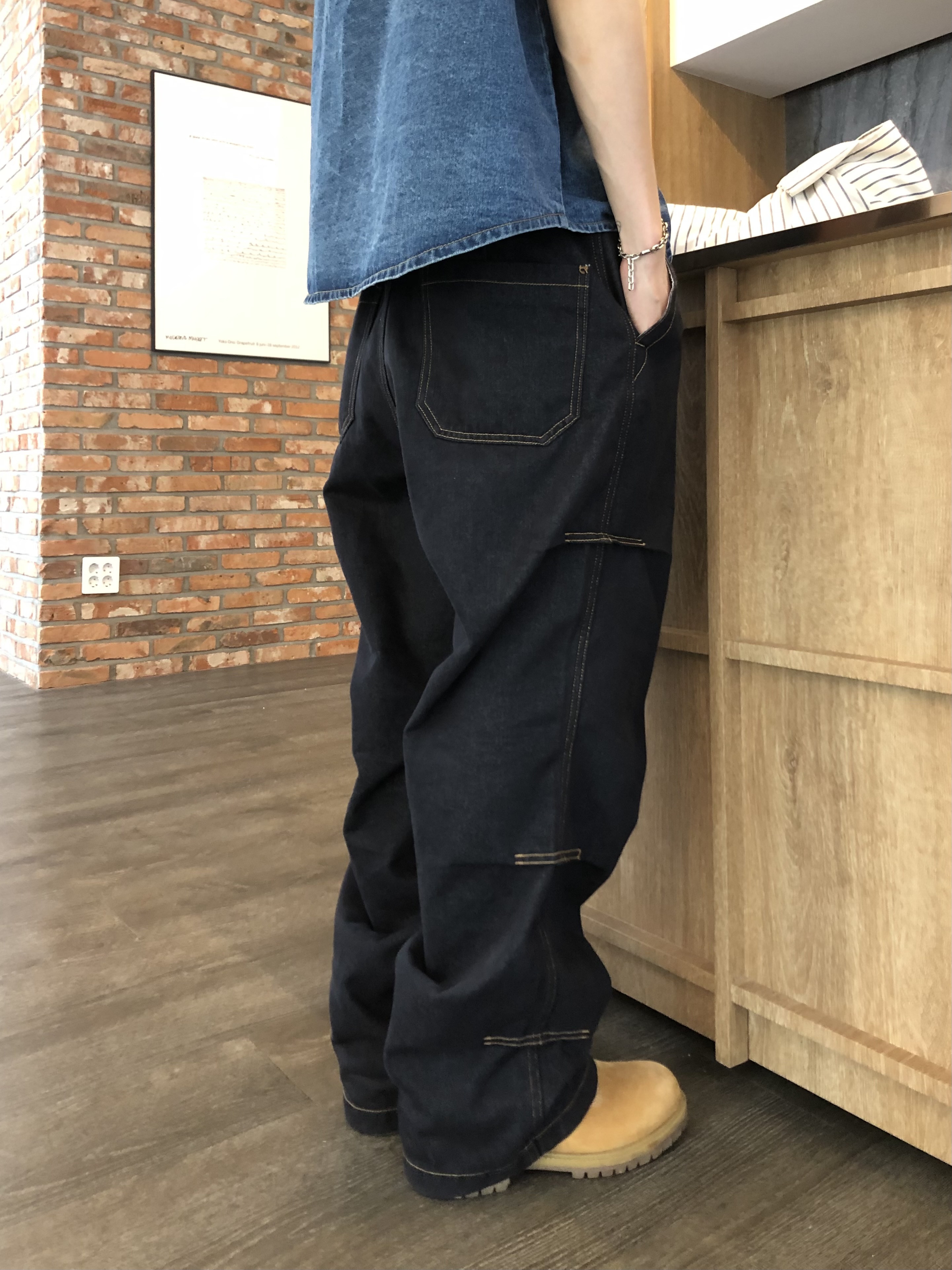 倫敦之眼 三層抓皺 短縫線 原牛 微寬褲 - 1C7