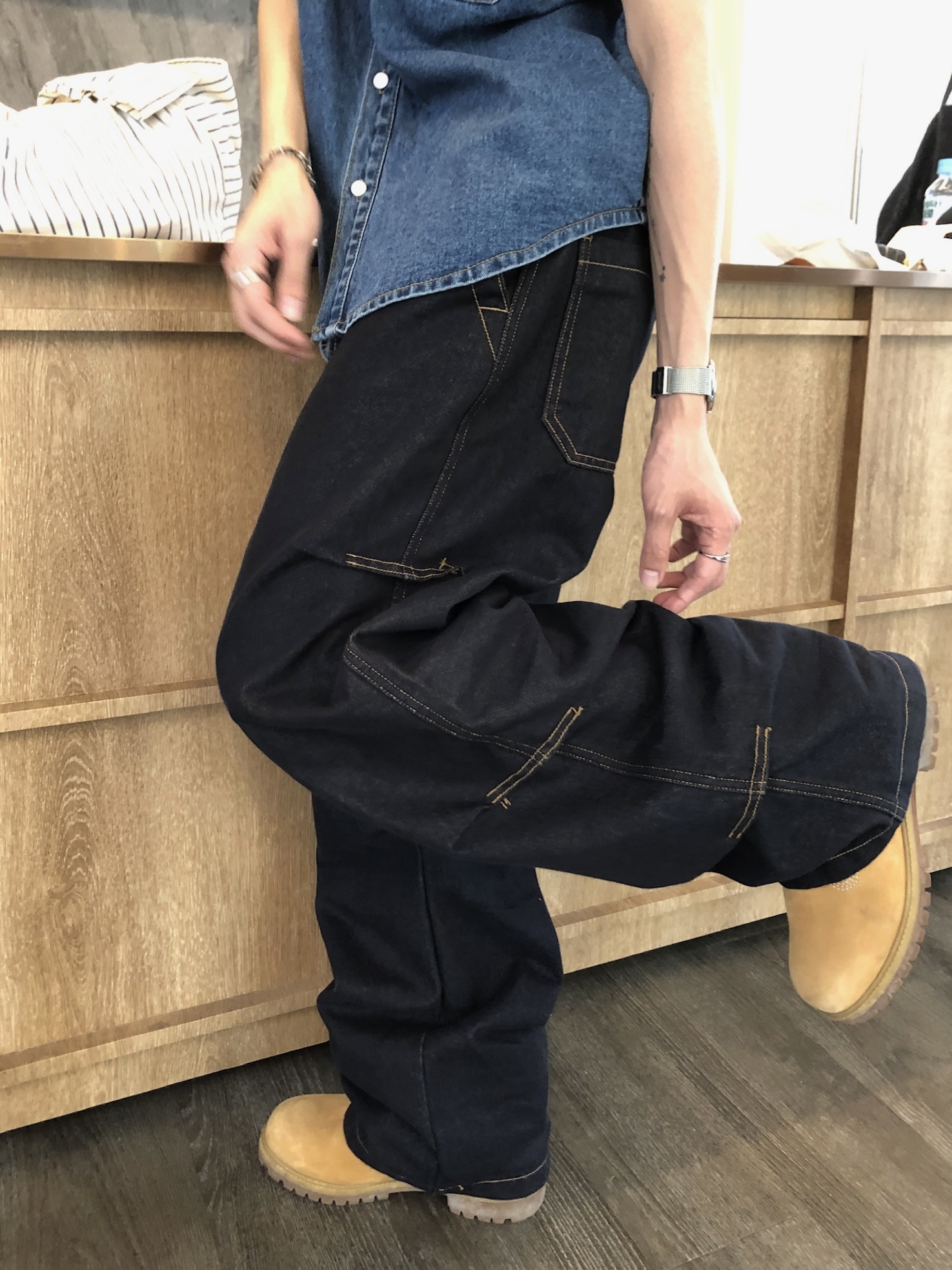 倫敦之眼 三層抓皺 短縫線 原牛 微寬褲 - 1C9