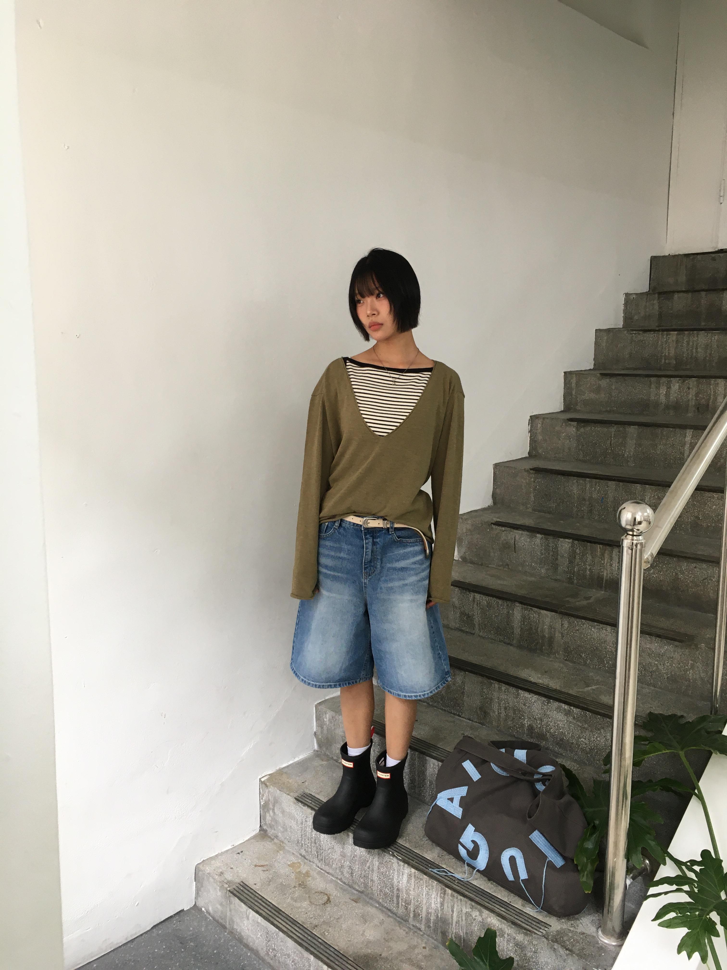韓女基本款 大口袋 牛仔 6分短褲 - 2C18
