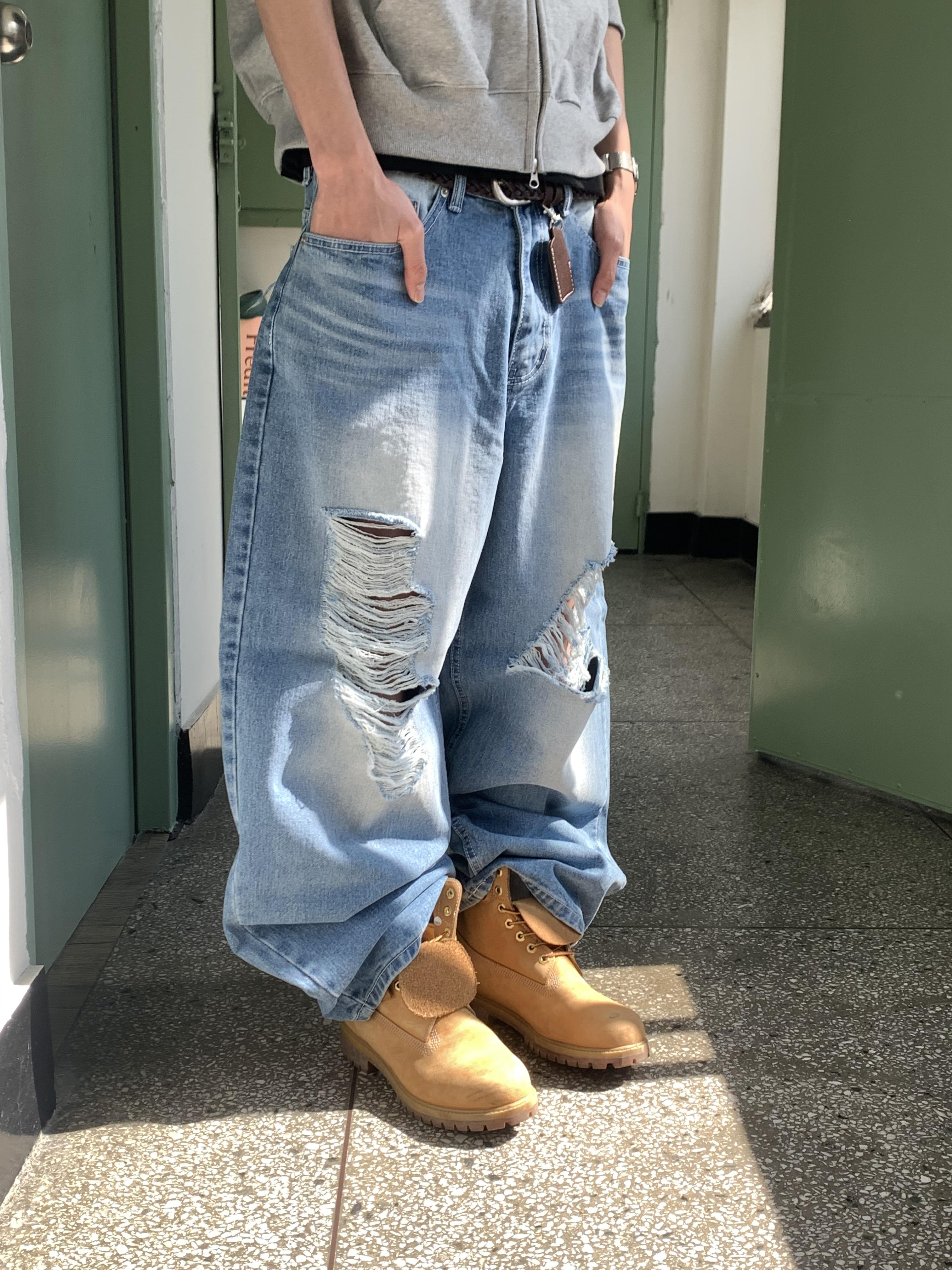 高檔布料 漸層刷色 街頭破洞 牛仔寬褲 - 2C16