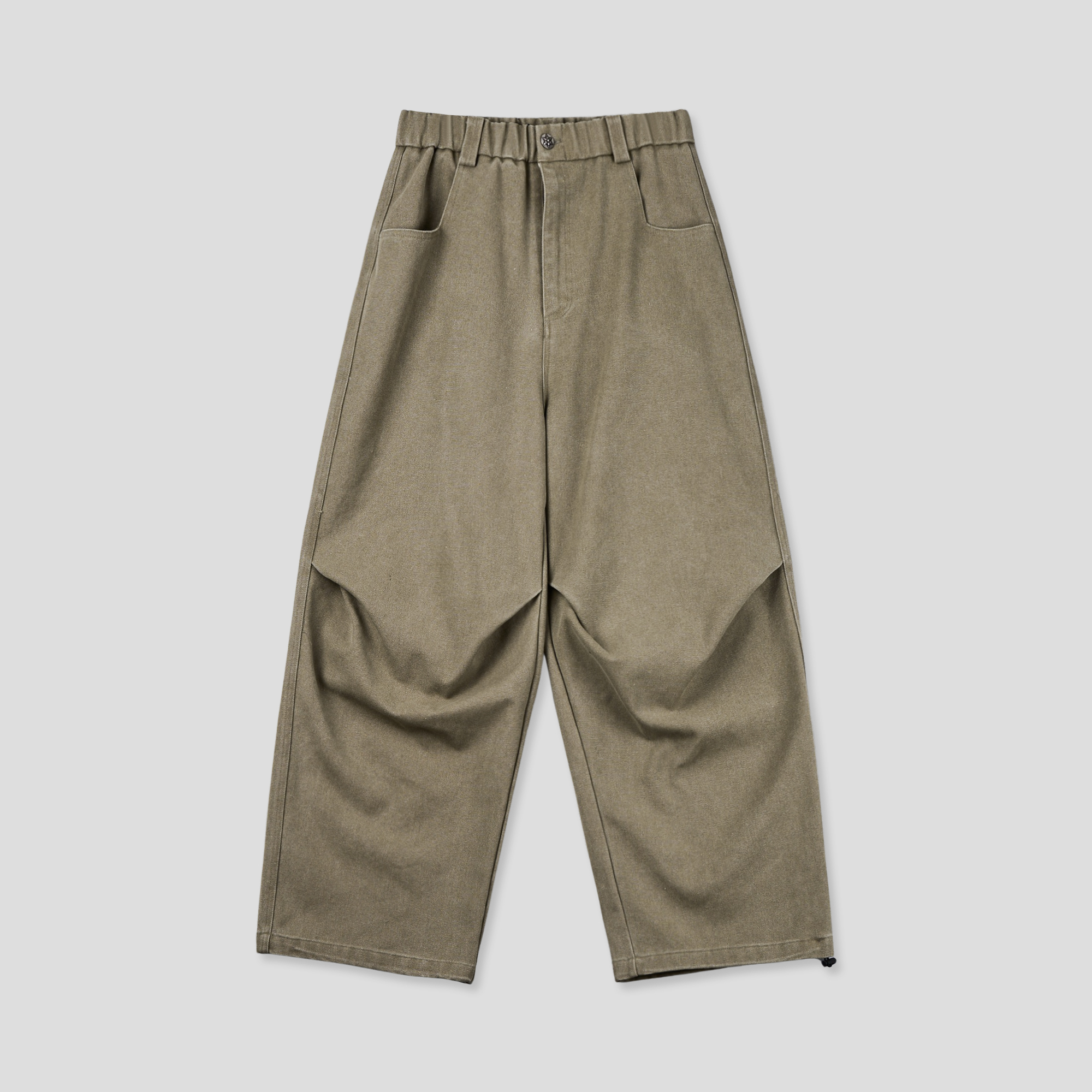 文藝鈕扣 降落傘抓皺 寬版 鬆緊帶 牛仔褲 (set-up) - 2C23