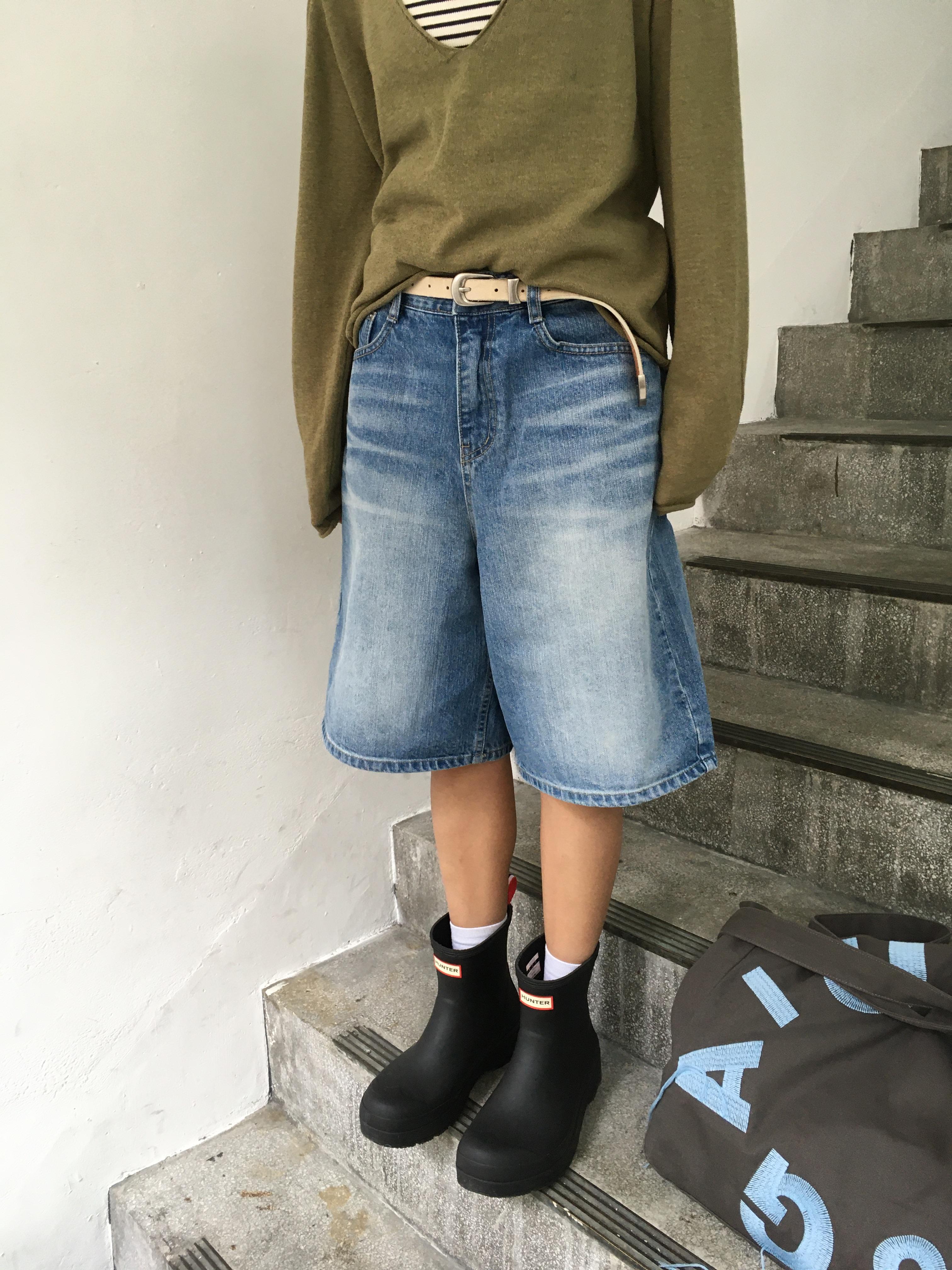 韓女基本款 大口袋 牛仔 6分短褲 - 2C3
