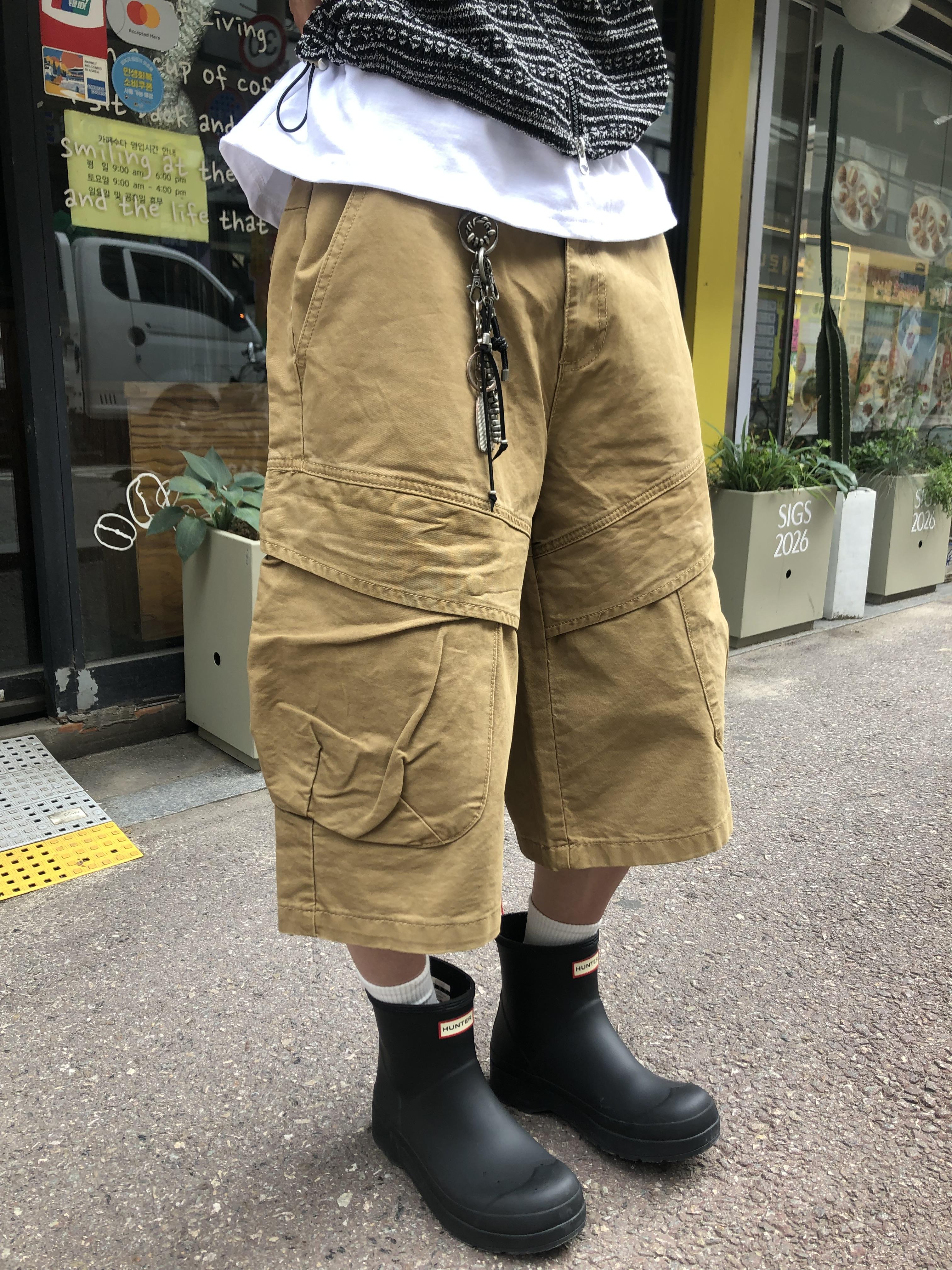 韓系復古 立體重磅 斜線大口袋 工裝 7分短褲 - 2C5