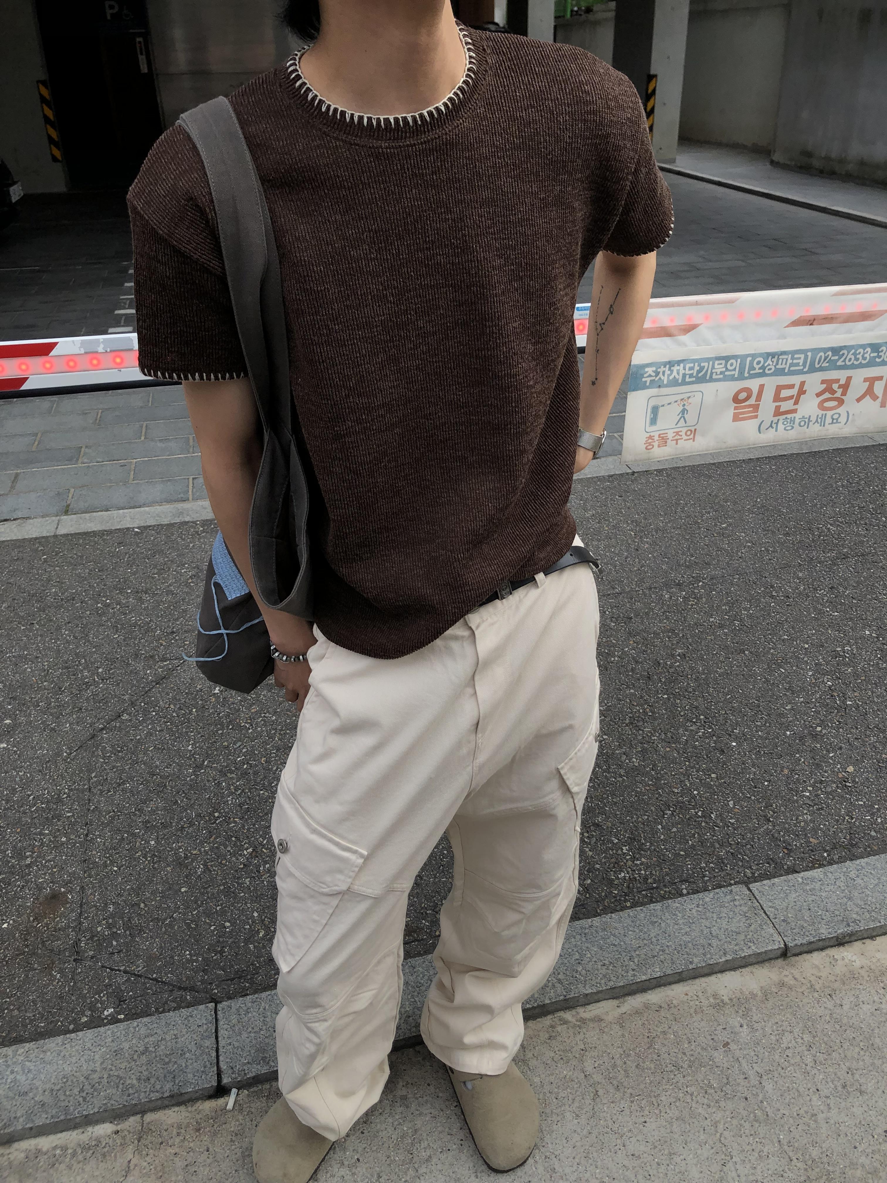 高級休閒感 雙層縫線 斜線造型 直筒微寬 工裝褲 - 3C8