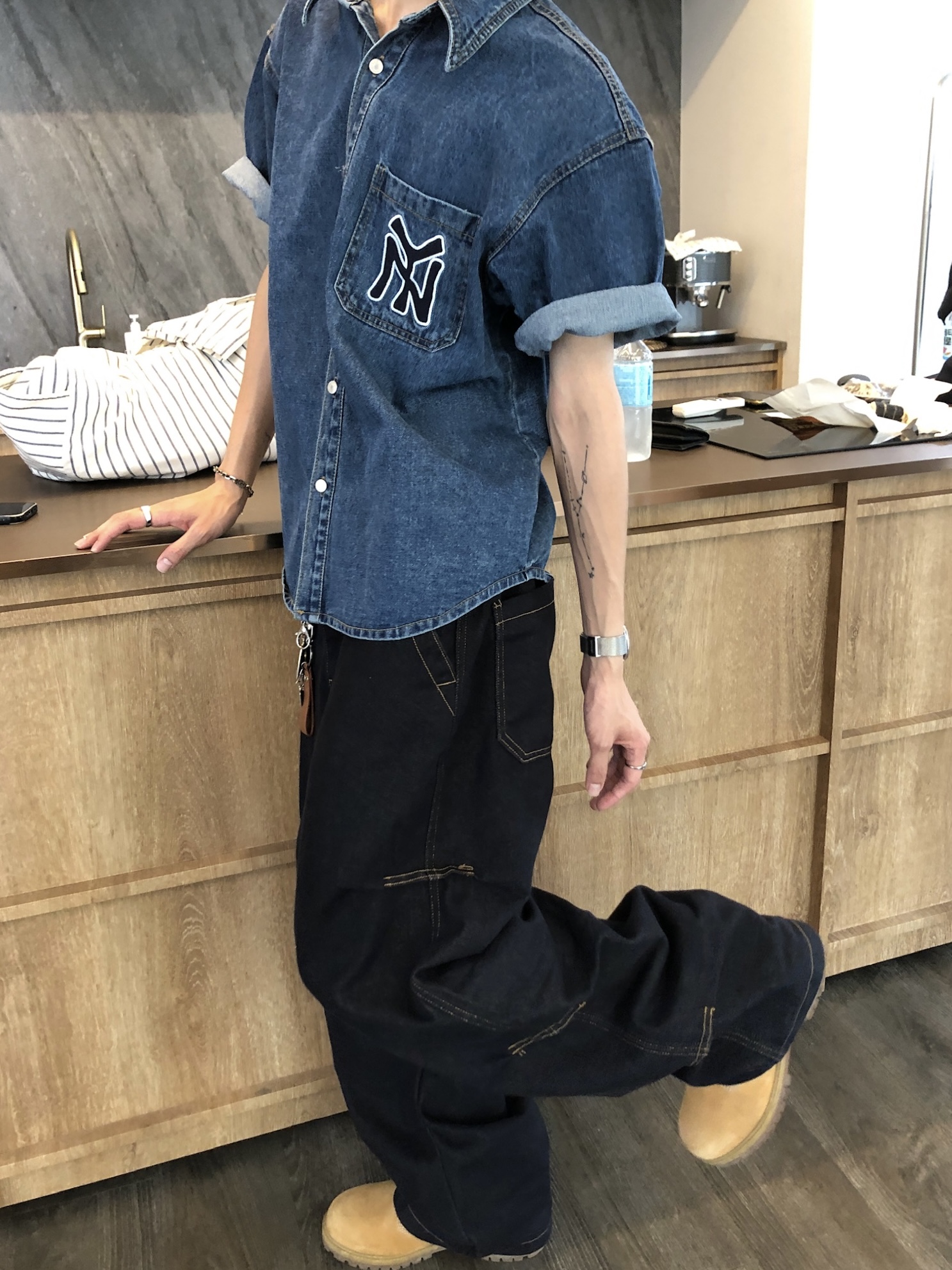 倫敦之眼 三層抓皺 短縫線 原牛 微寬褲 - 1C18