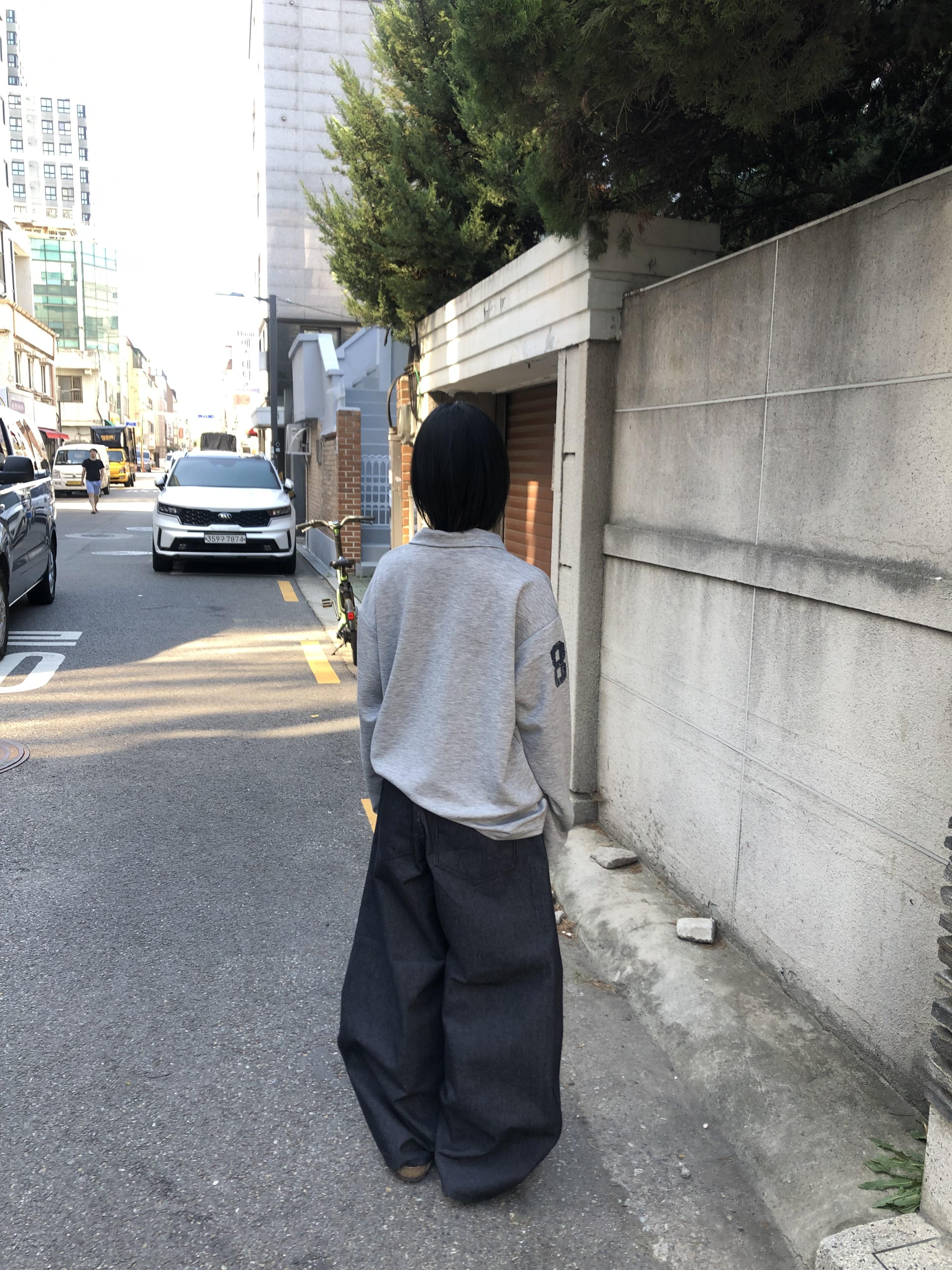 街頭經典百搭 細條紋 鬆緊帶 寬版 牛仔長褲 - 3C12