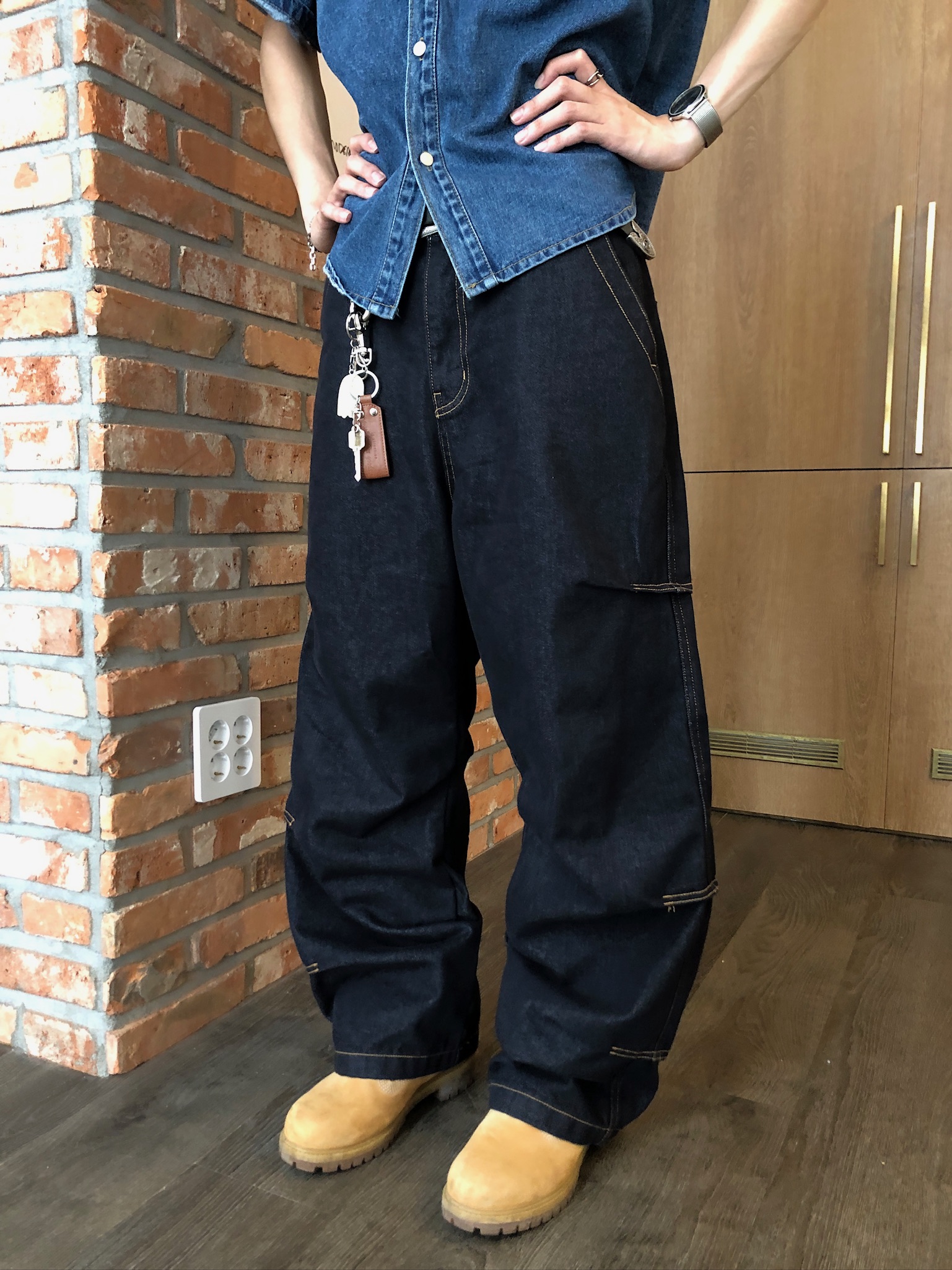 倫敦之眼 三層抓皺 短縫線 原牛 微寬褲 - 1C11