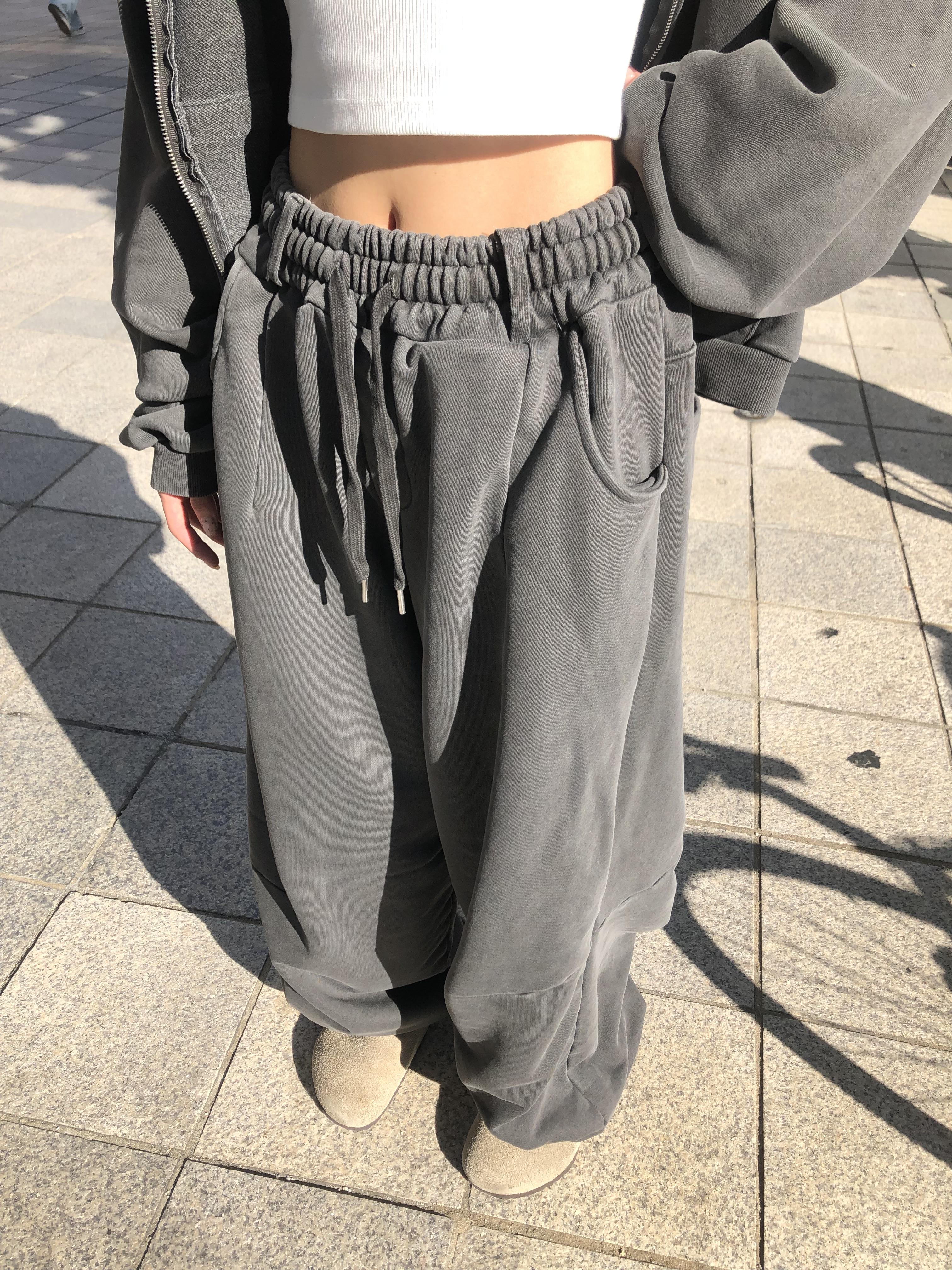 復古經典 做舊刷色 運動套裝 寬版 棉長褲 - 2C10