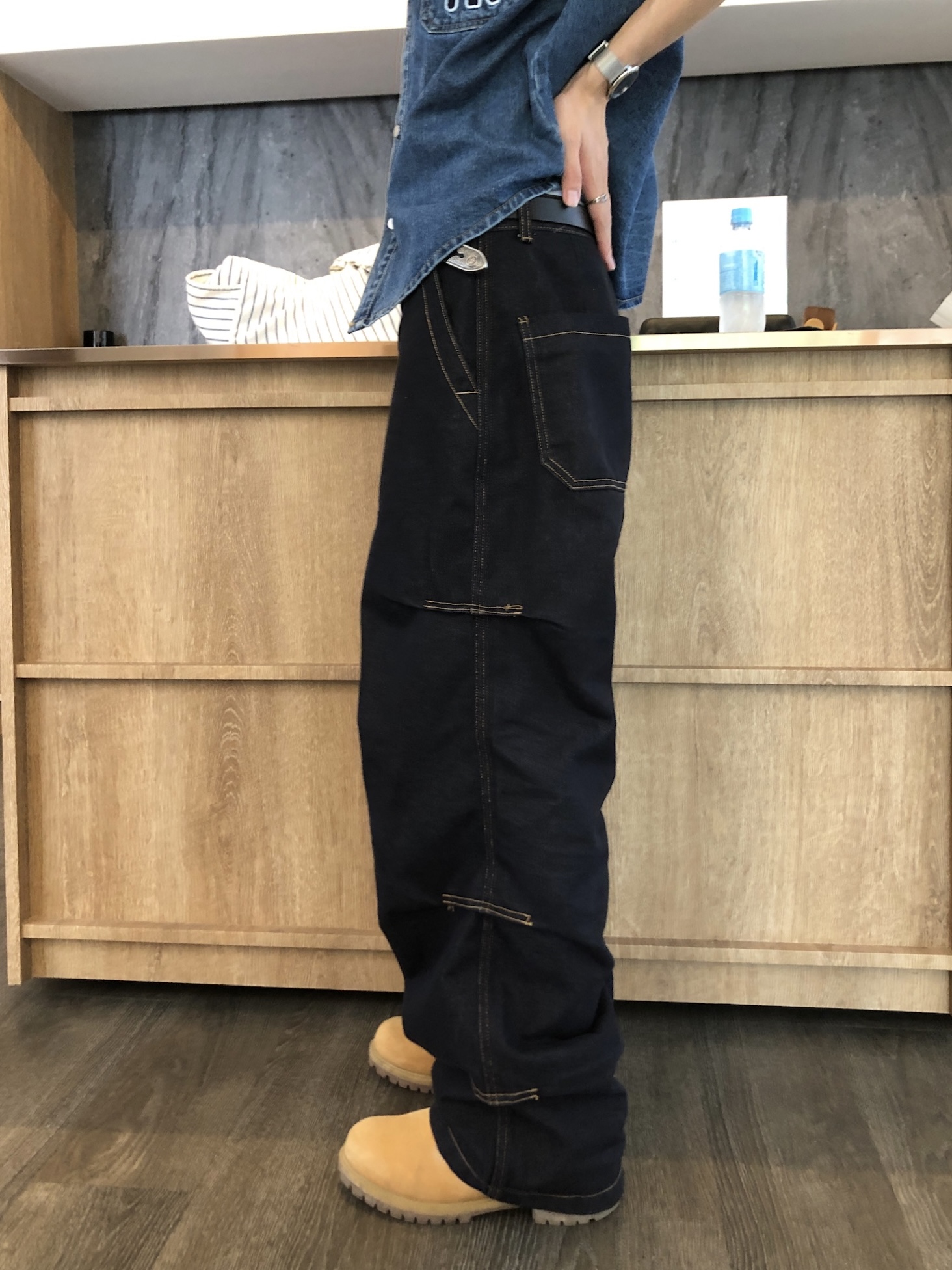 倫敦之眼 三層抓皺 短縫線 原牛 微寬褲 - 1C21