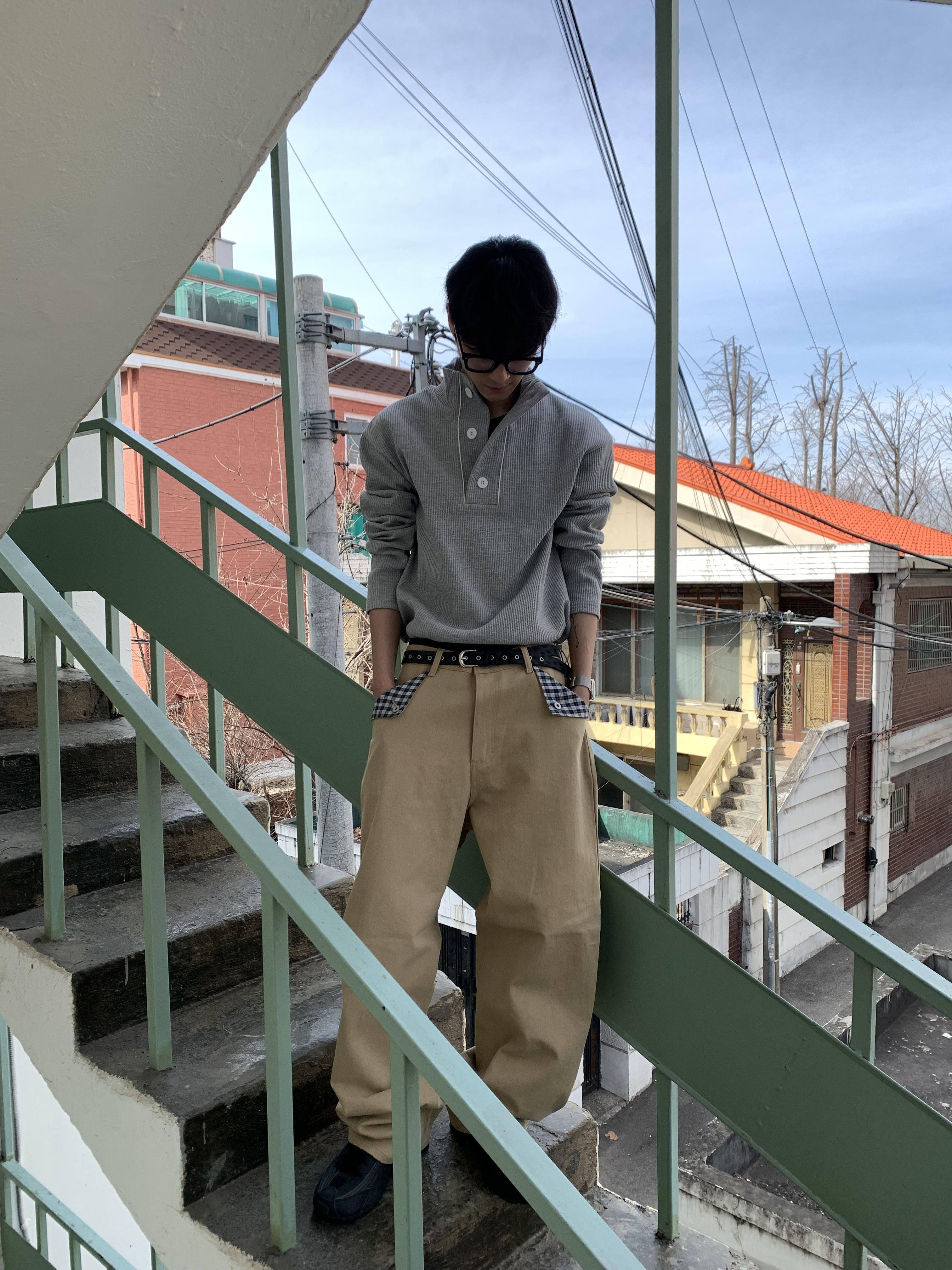 日系街頭 畫龍點睛 格紋設計 微寬褲 - 2C3