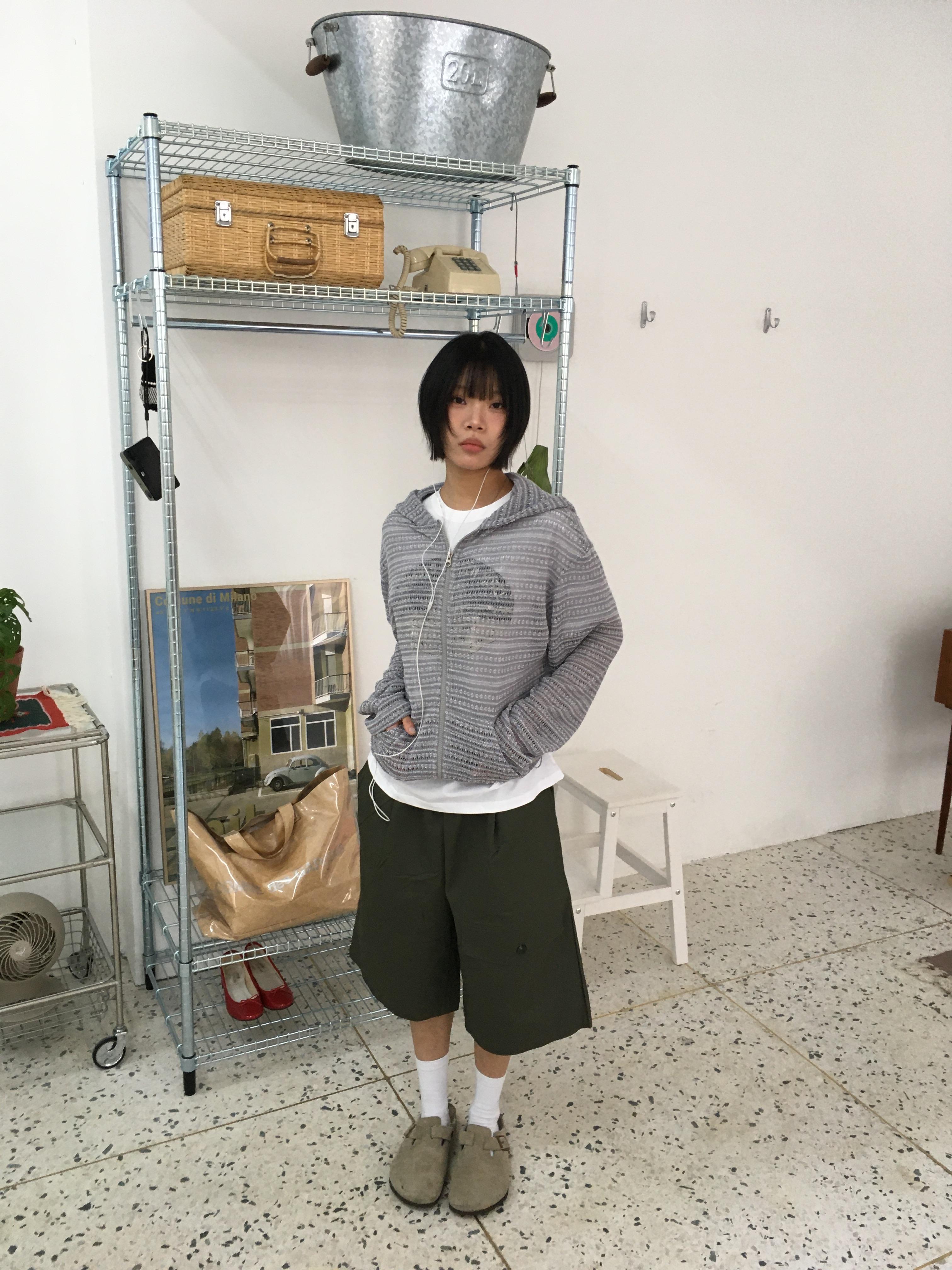 條紋針織 涼爽短版 夏季寬鬆 連帽外套 - 4C10
