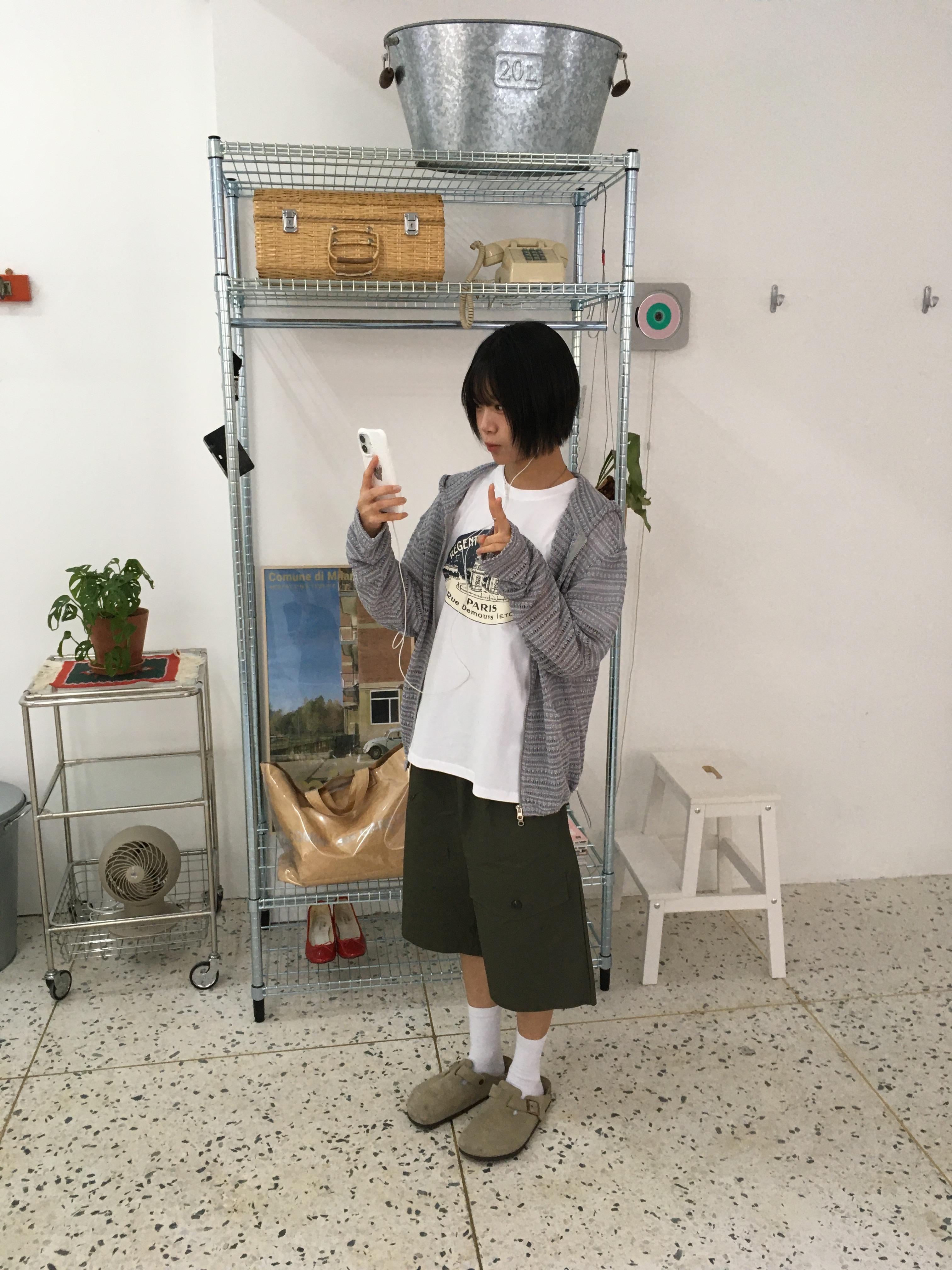 條紋針織 涼爽短版 夏季寬鬆 連帽外套 - 4C8