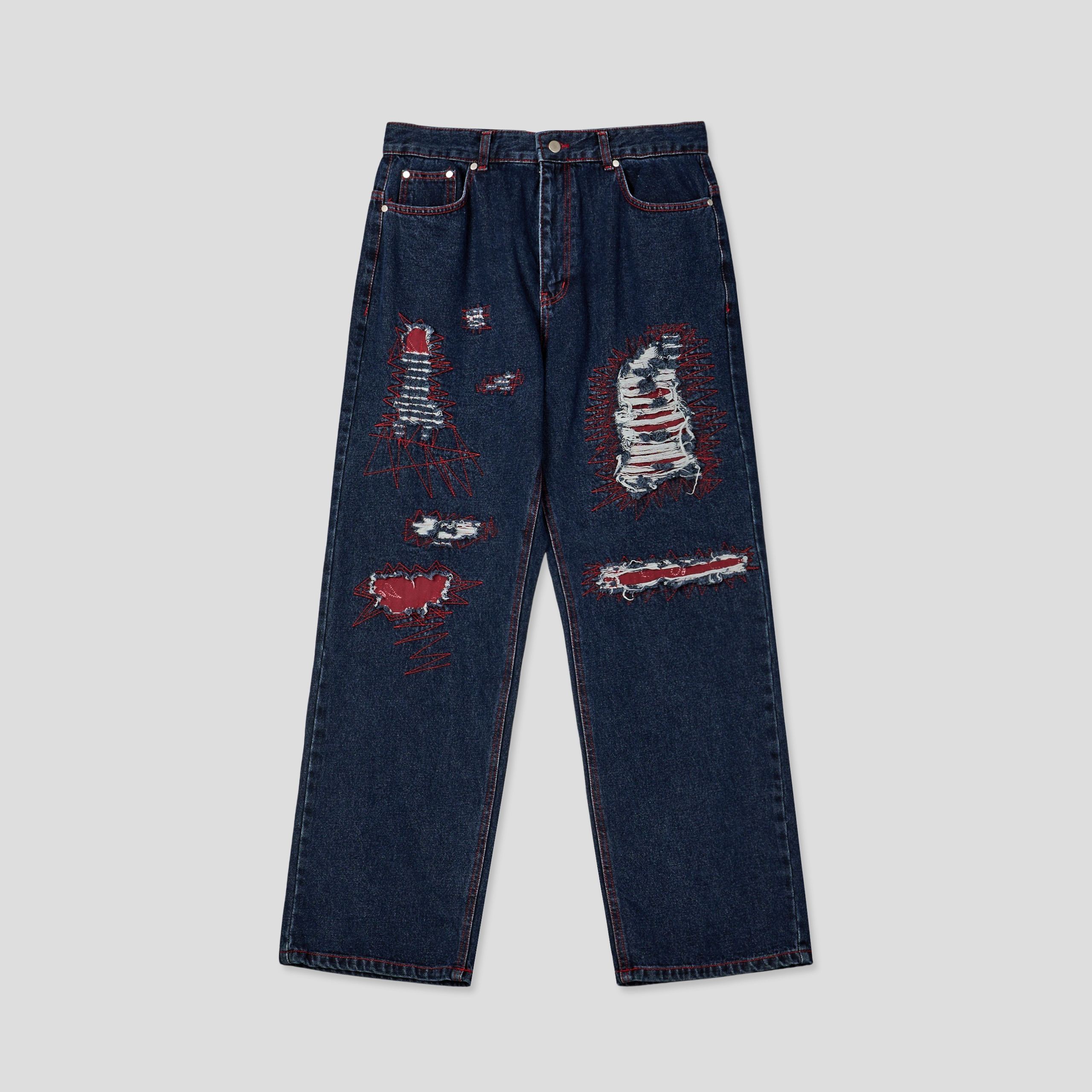 美式街頭 紅色警戒 破壞 直筒 微寬版 牛仔褲 - 1C15