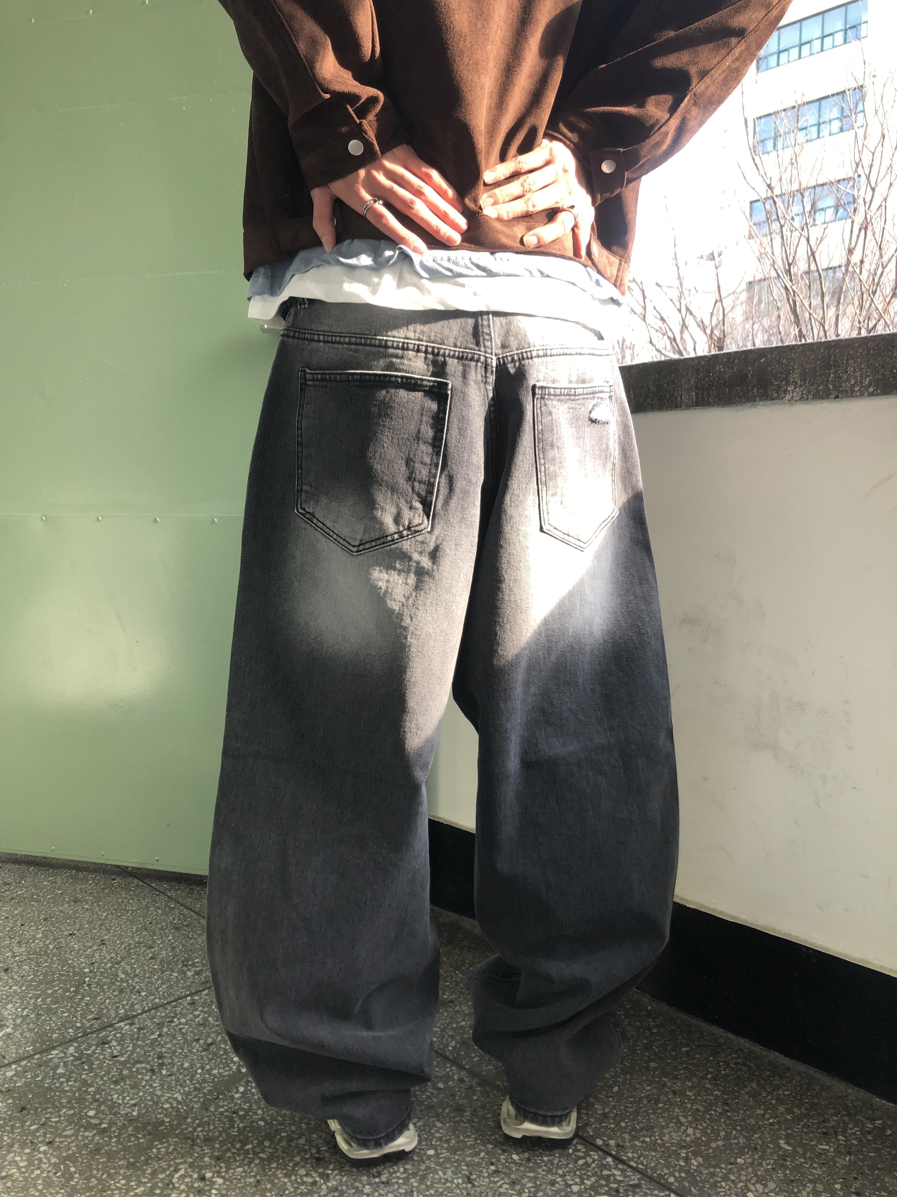 高檔布料 漸層刷色 街頭破洞 牛仔寬褲 - 2C4