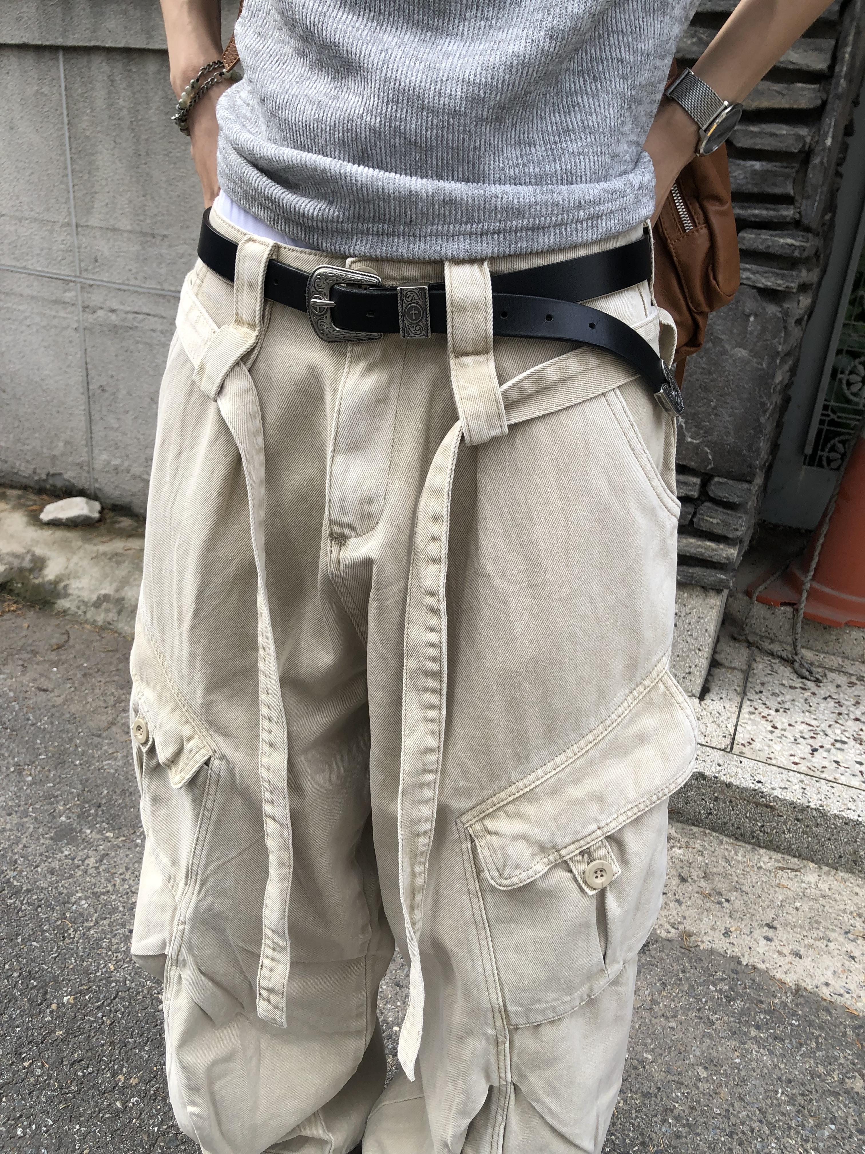 極致街頭 掛繩造型 工裝口袋 立體抓皺 寬鬆長褲 - 3C13