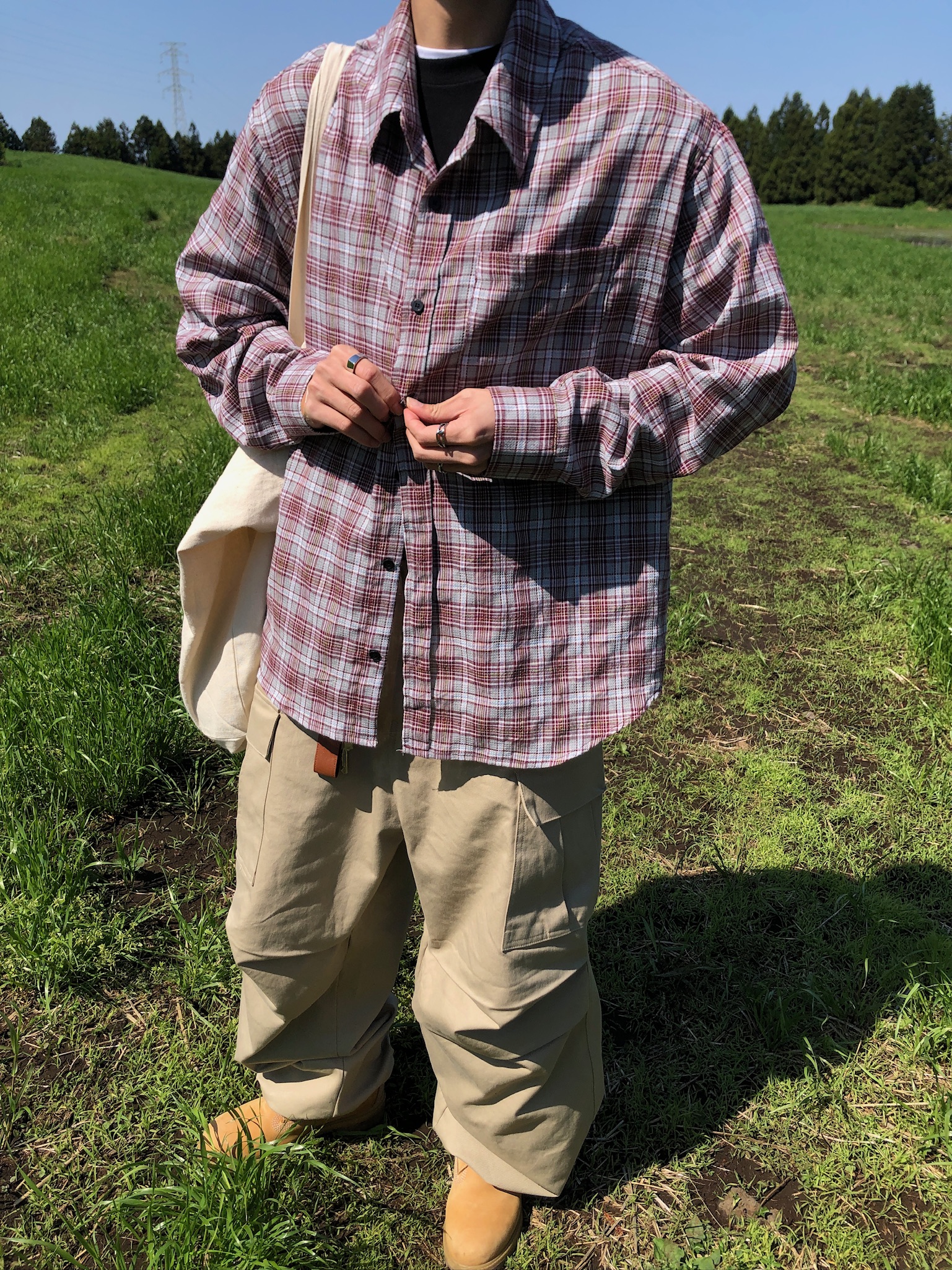 文藝浪漫派 夏季輕薄 撞色格紋 寬鬆襯衫 - 3C18