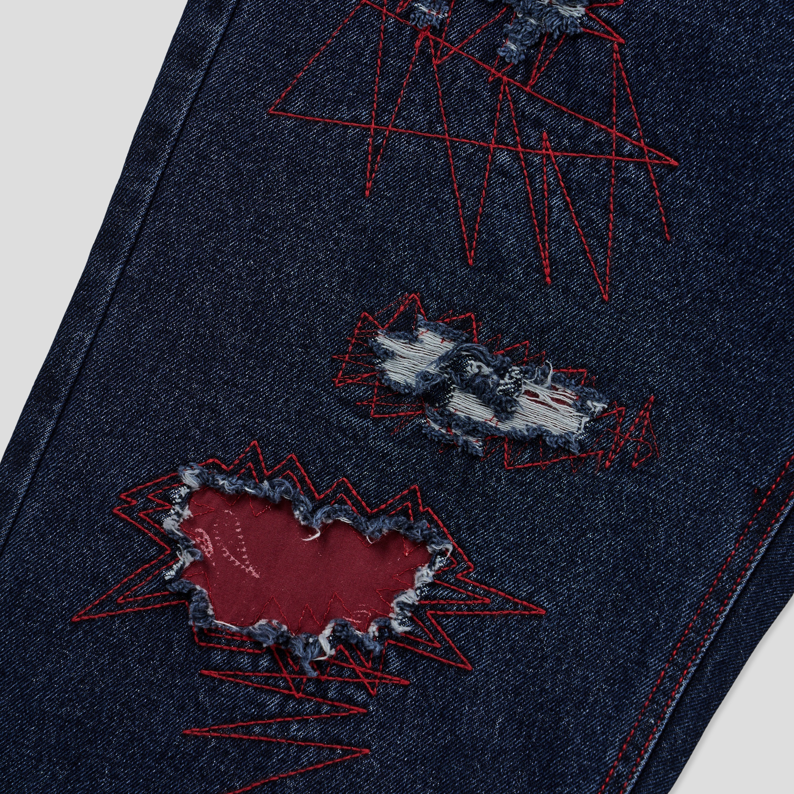 美式街頭 紅色警戒 破壞 直筒 微寬版 牛仔褲 - 1C19