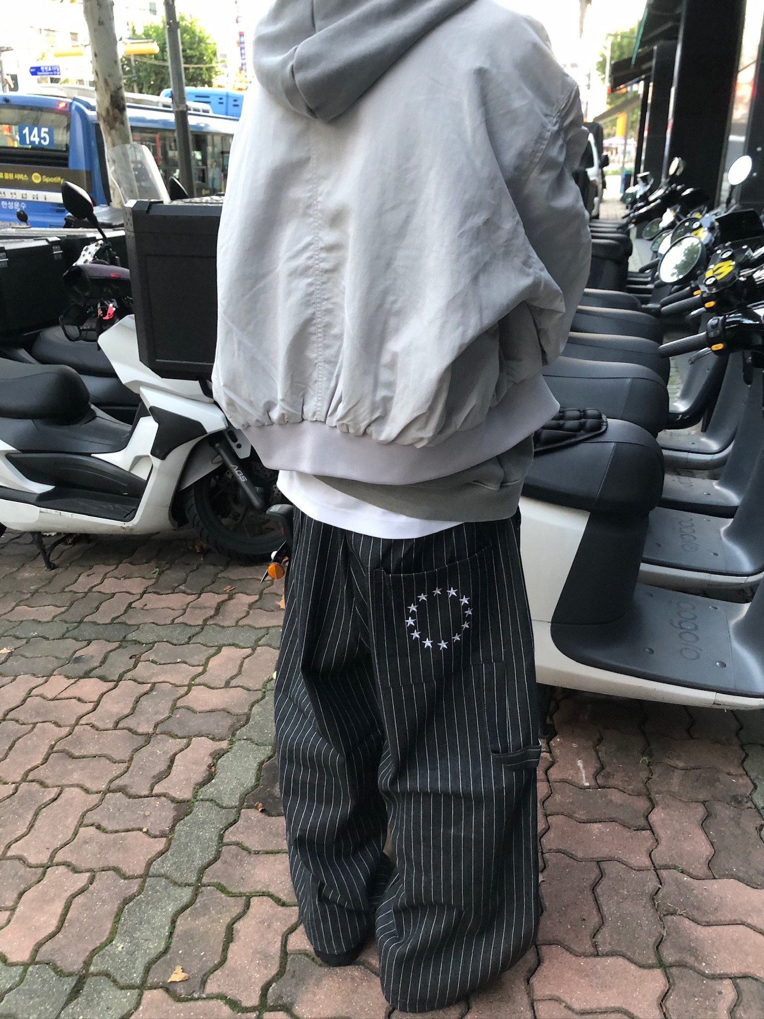 紐約型男 眾星刺繡 單層褶皺 條紋 牛仔寬褲 - 2C5