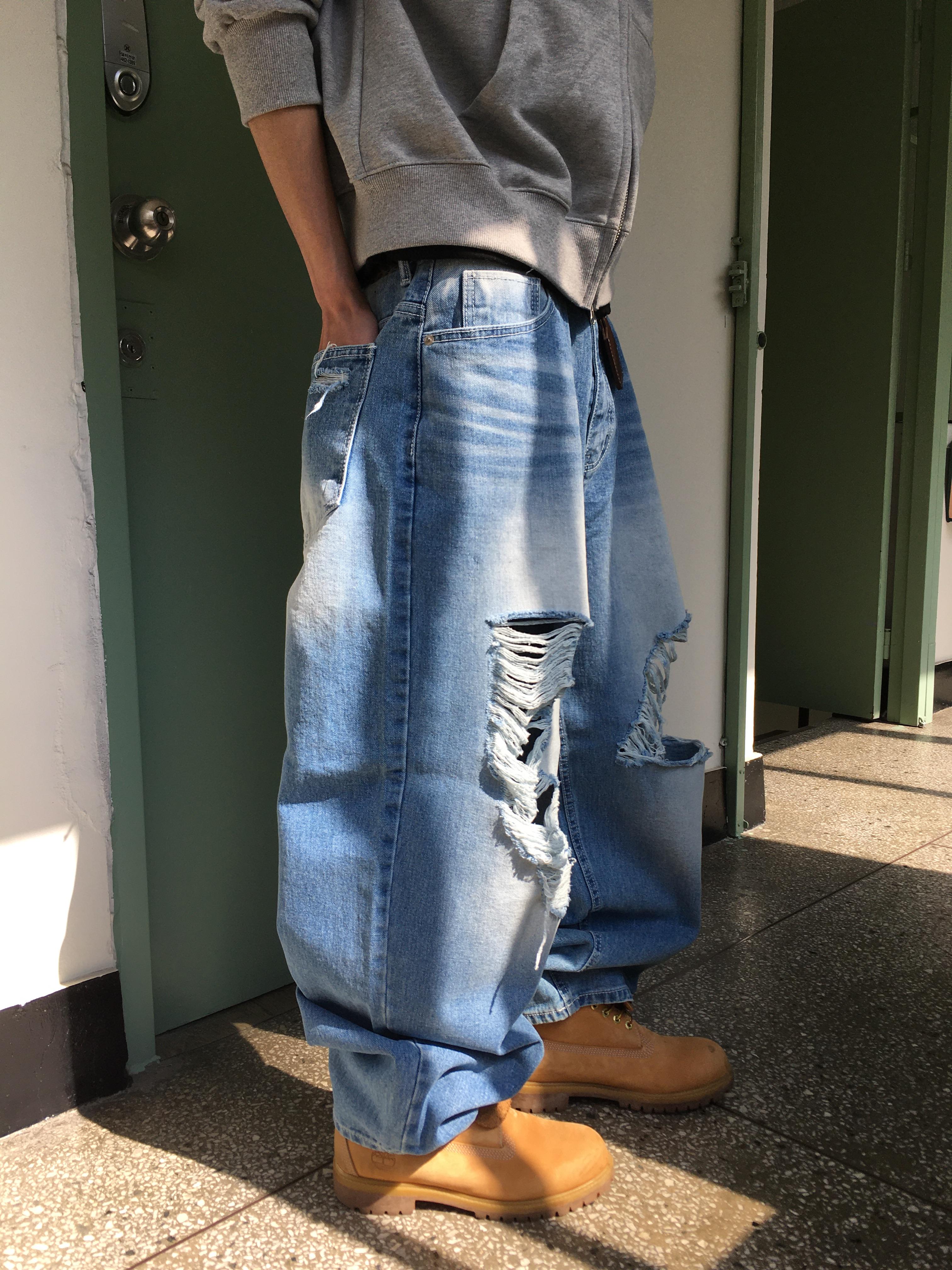 高檔布料 漸層刷色 街頭破洞 牛仔寬褲 - 2C3