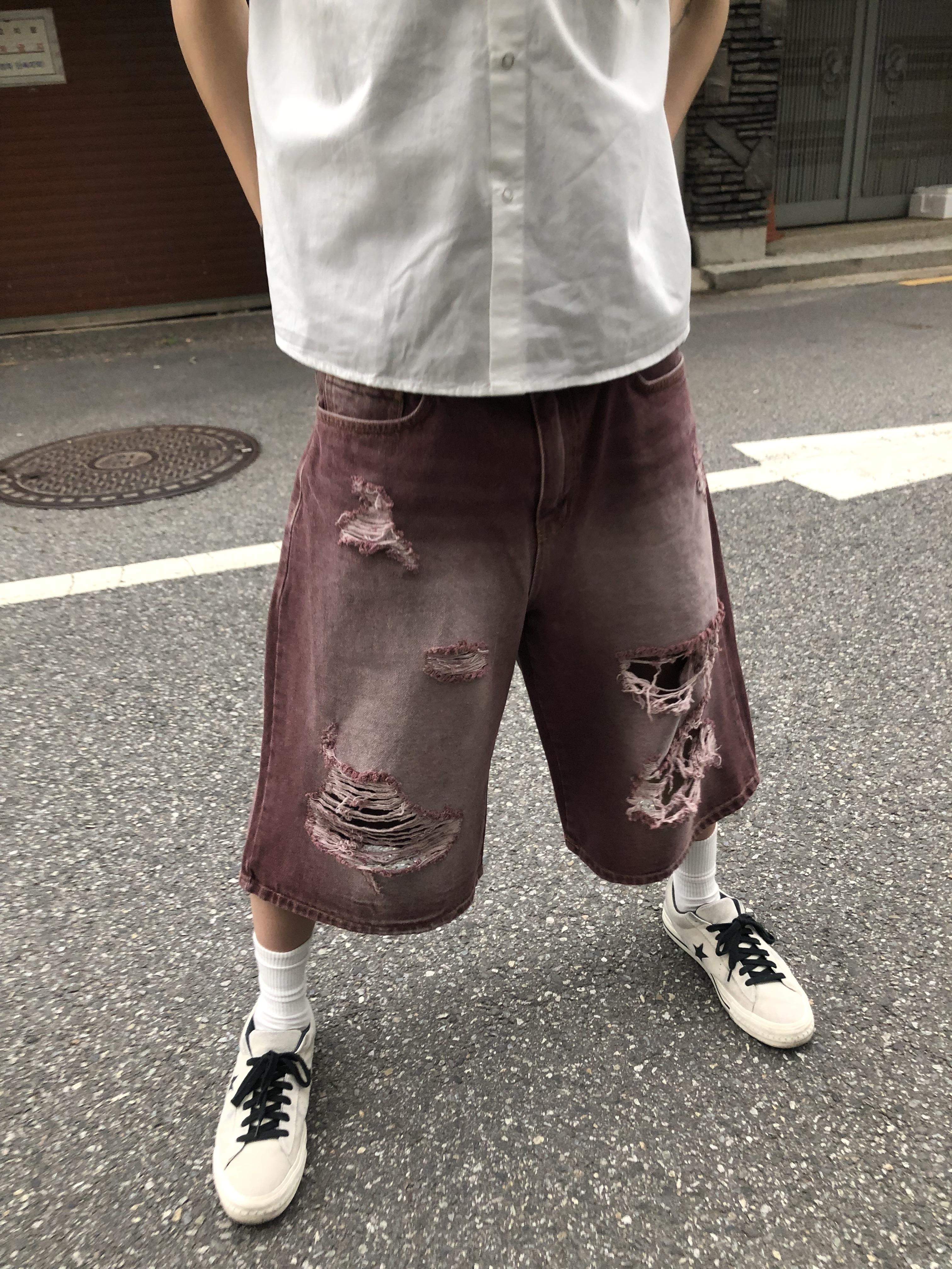 酷夏涼感 做舊水洗 破壞牛仔 7分褲 - 3C8