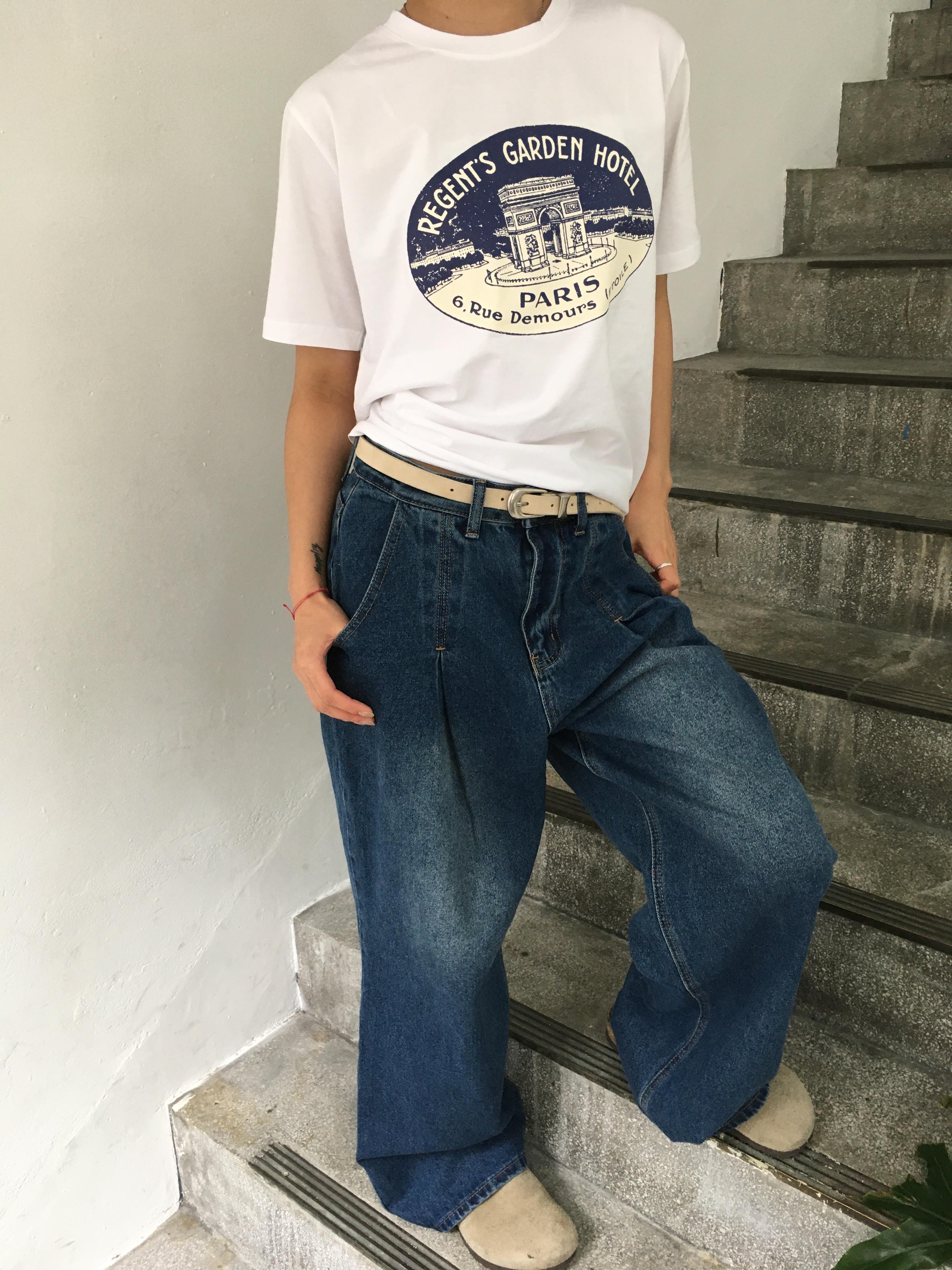 質感韓系女 休閒風 俐落抓皺 牛仔 寬褲 - 3C10
