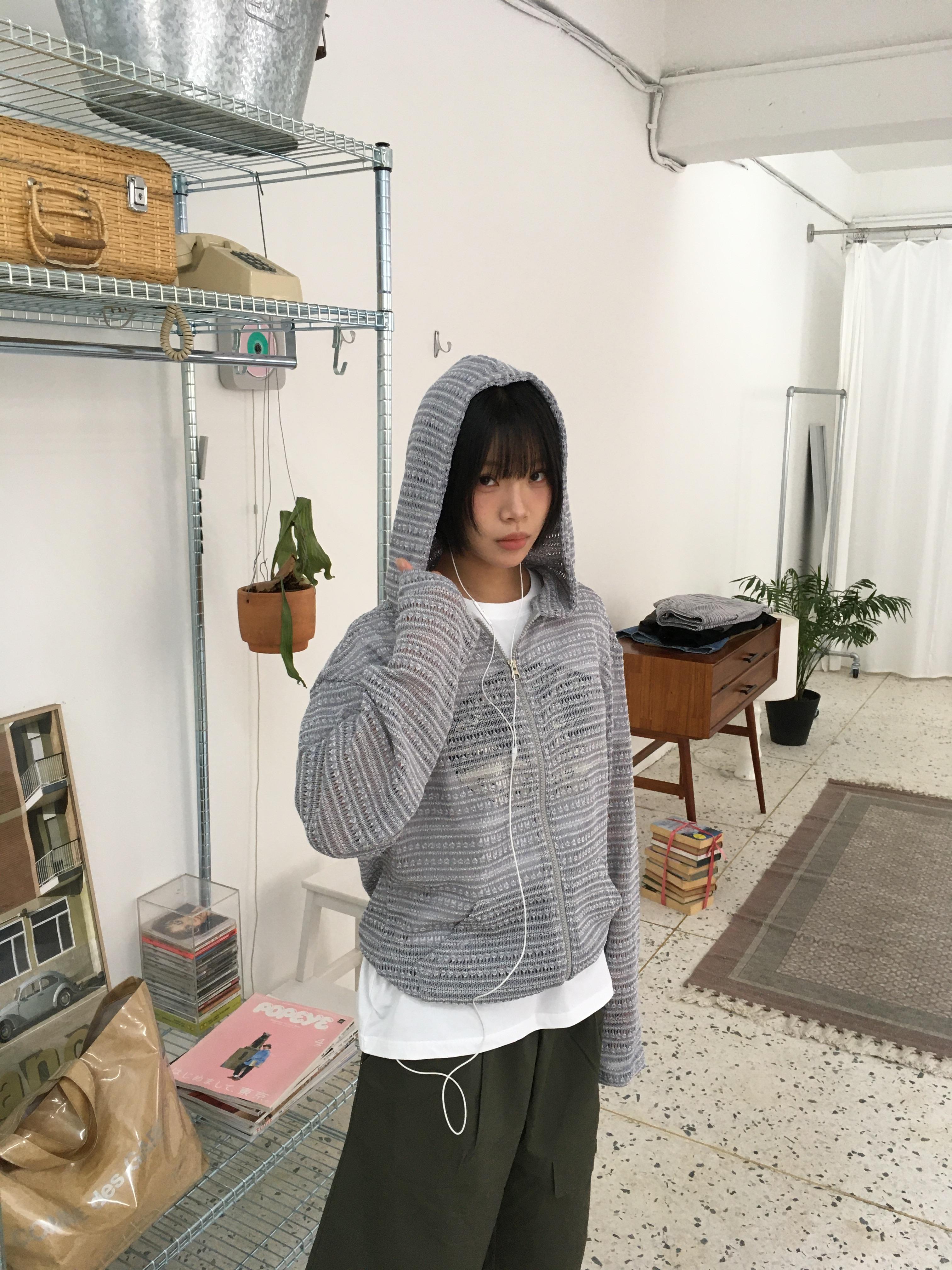 條紋針織 涼爽短版 夏季寬鬆 連帽外套 - 4C20