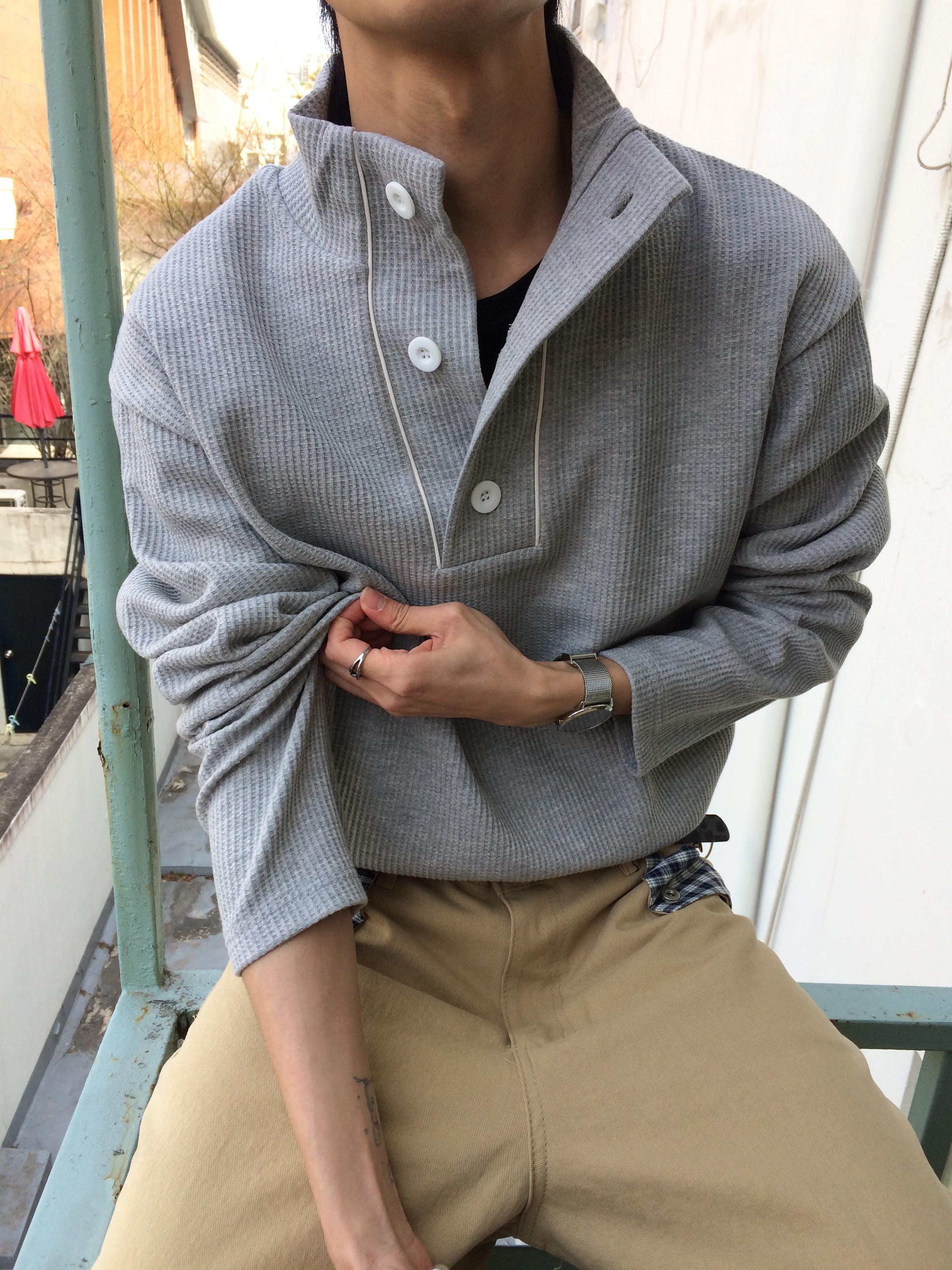 半高開V領 鈕扣 短版 華夫格 指套 薄長袖 - 3C7