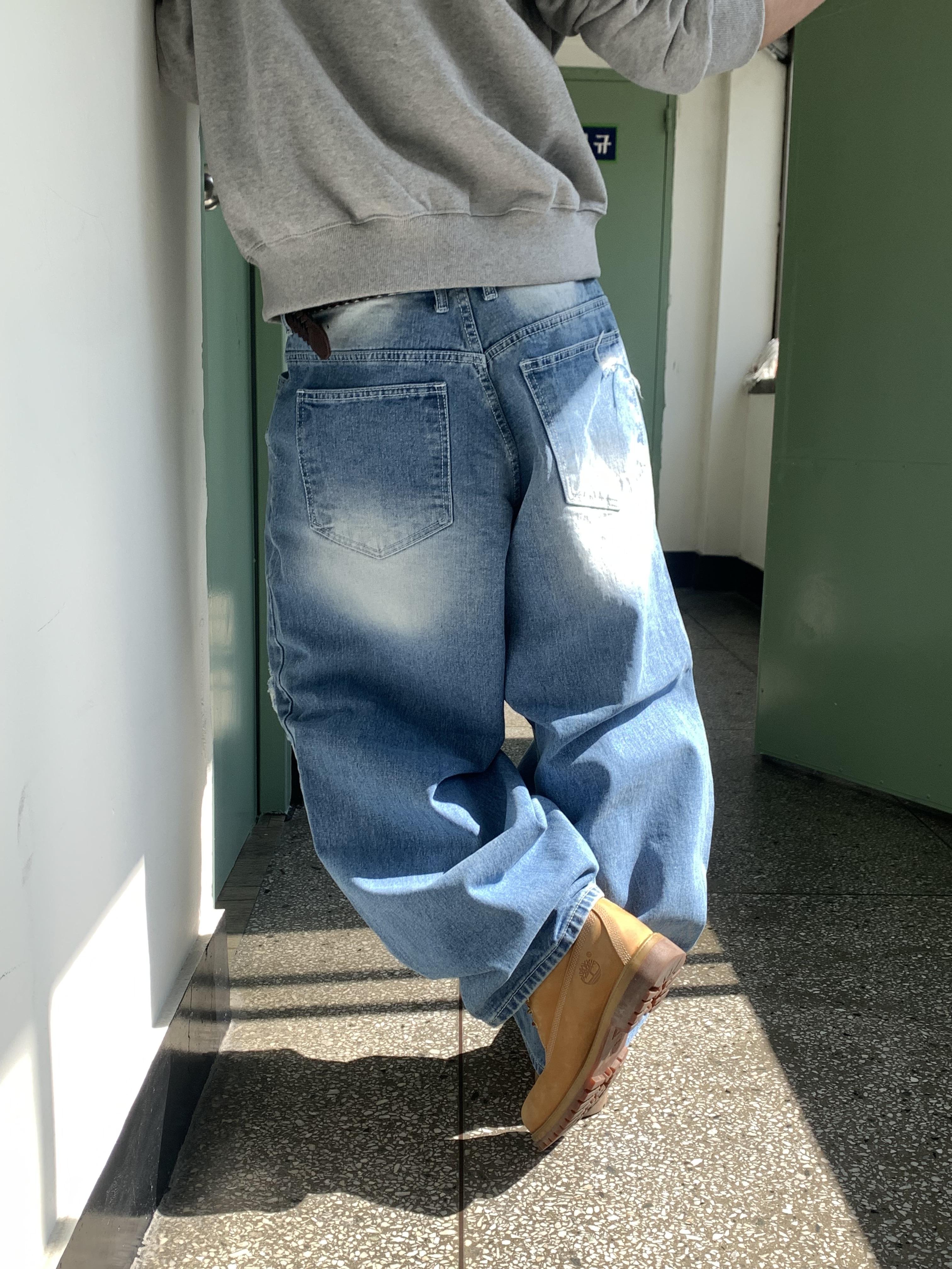 高檔布料 漸層刷色 街頭破洞 牛仔寬褲 - 2C18