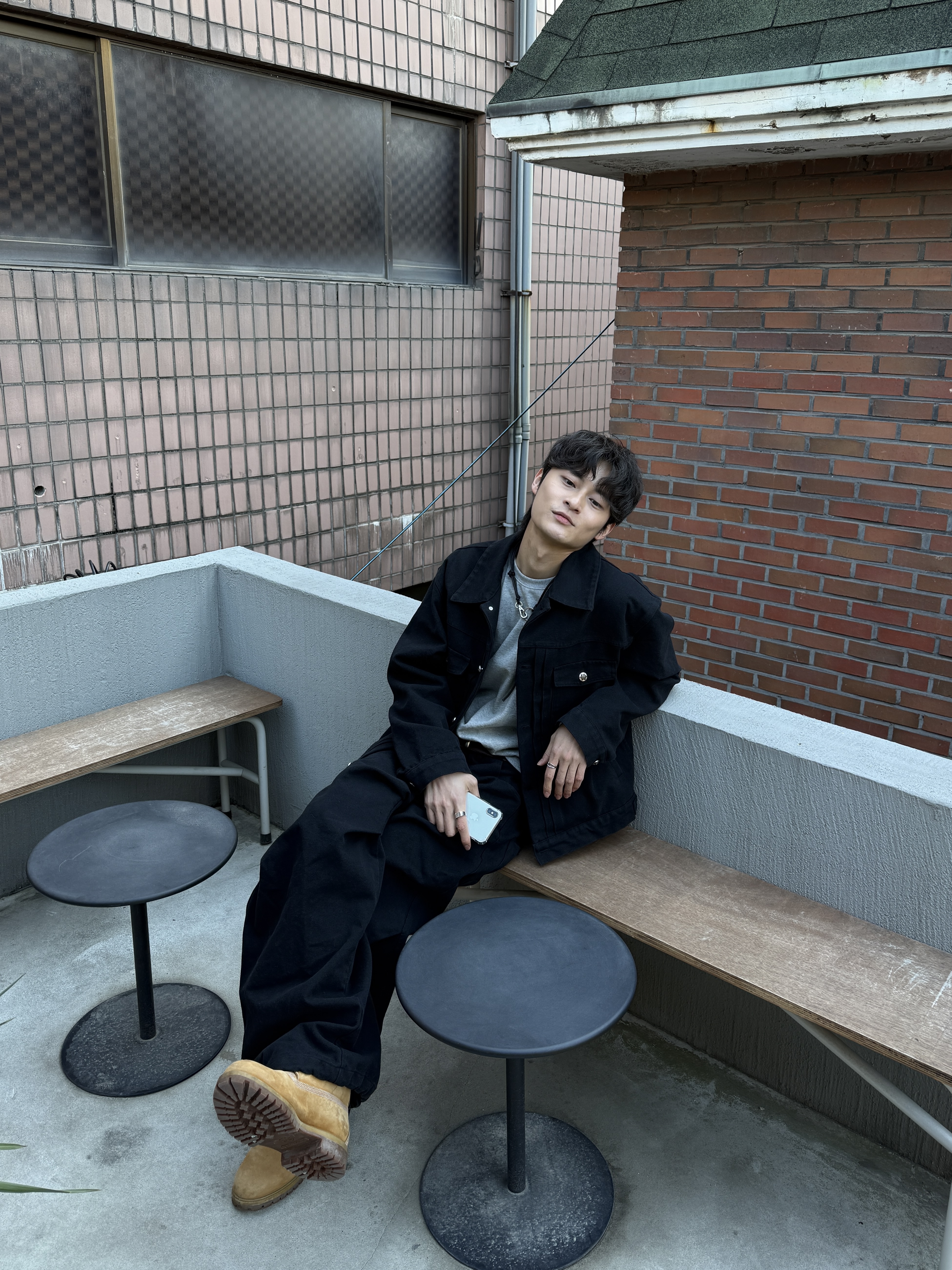 文藝鈕扣 降落傘抓皺 寬版 鬆緊帶 牛仔褲 (set-up) - 2C16