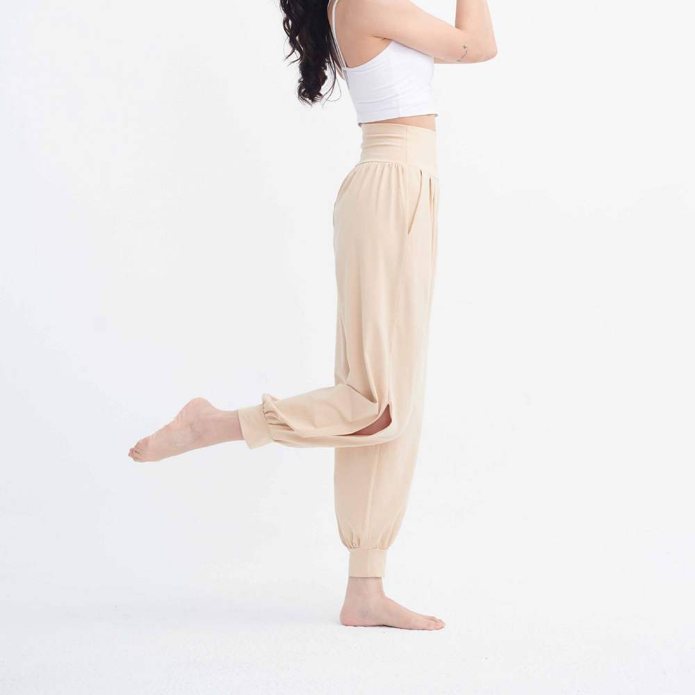 Happy yogi studio 瑜珈側開岔束腳寬褲 奶茶 HYS002BEG