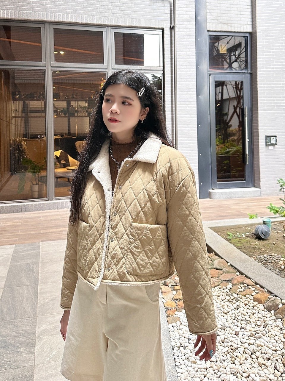 QQ菱格紋羊羔毛外套