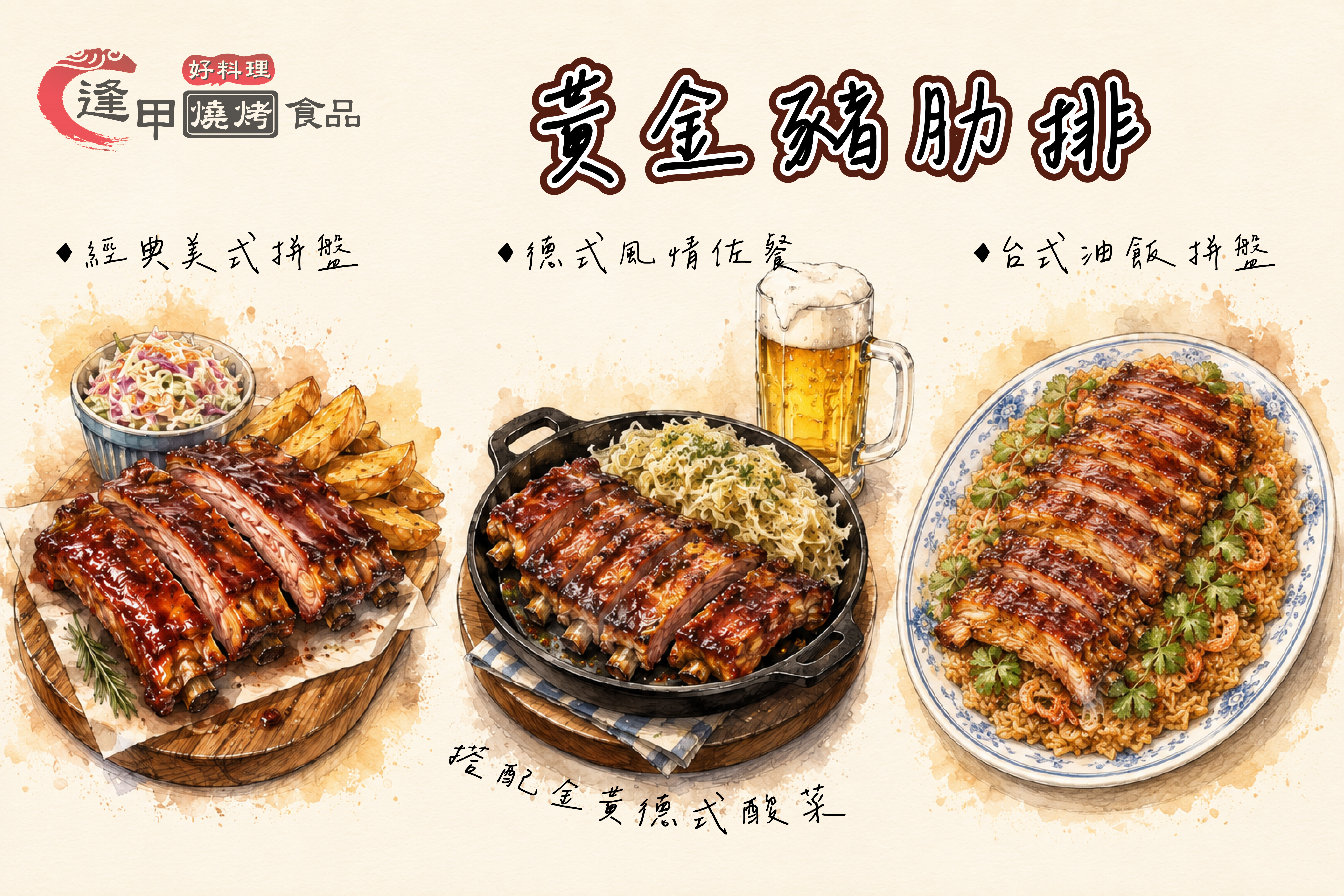黃金豬肋排3大熱門料理手繪風格圖解：1.美式拼盤、2.德式風情佐餐(搭配黃金德式酸菜)、3.台式主菜拼盤