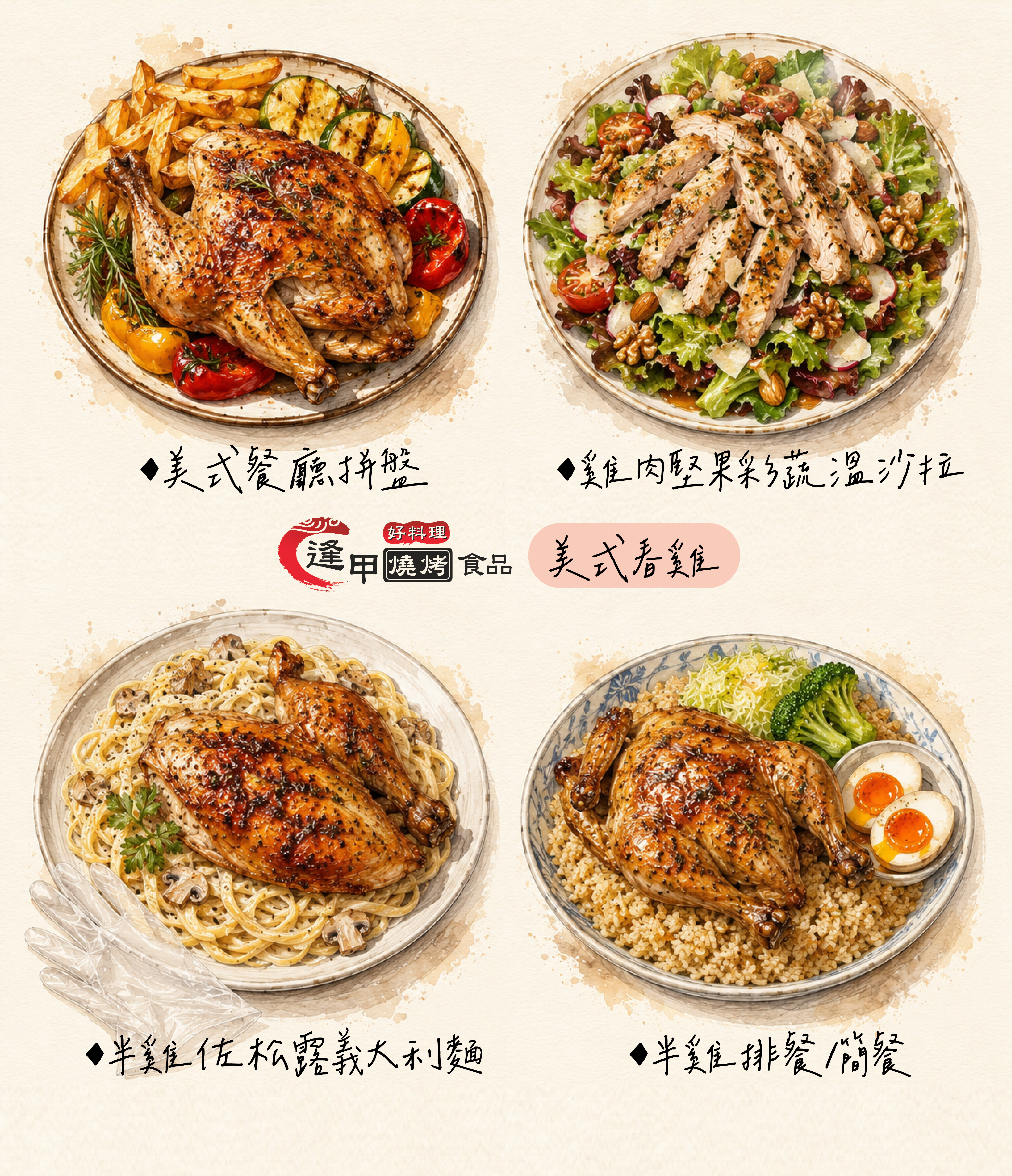 美式春雞4大熱門料理手繪風格圖解：1.美式拼盤： 金黃酥脆的半雞，搭配烤彩椒、切片櫛瓜與薯條擺盤、2.半雞堅果彩蔬溫沙拉、3.半雞佐松露義大利麵、4.台式半雞排餐/簡餐。