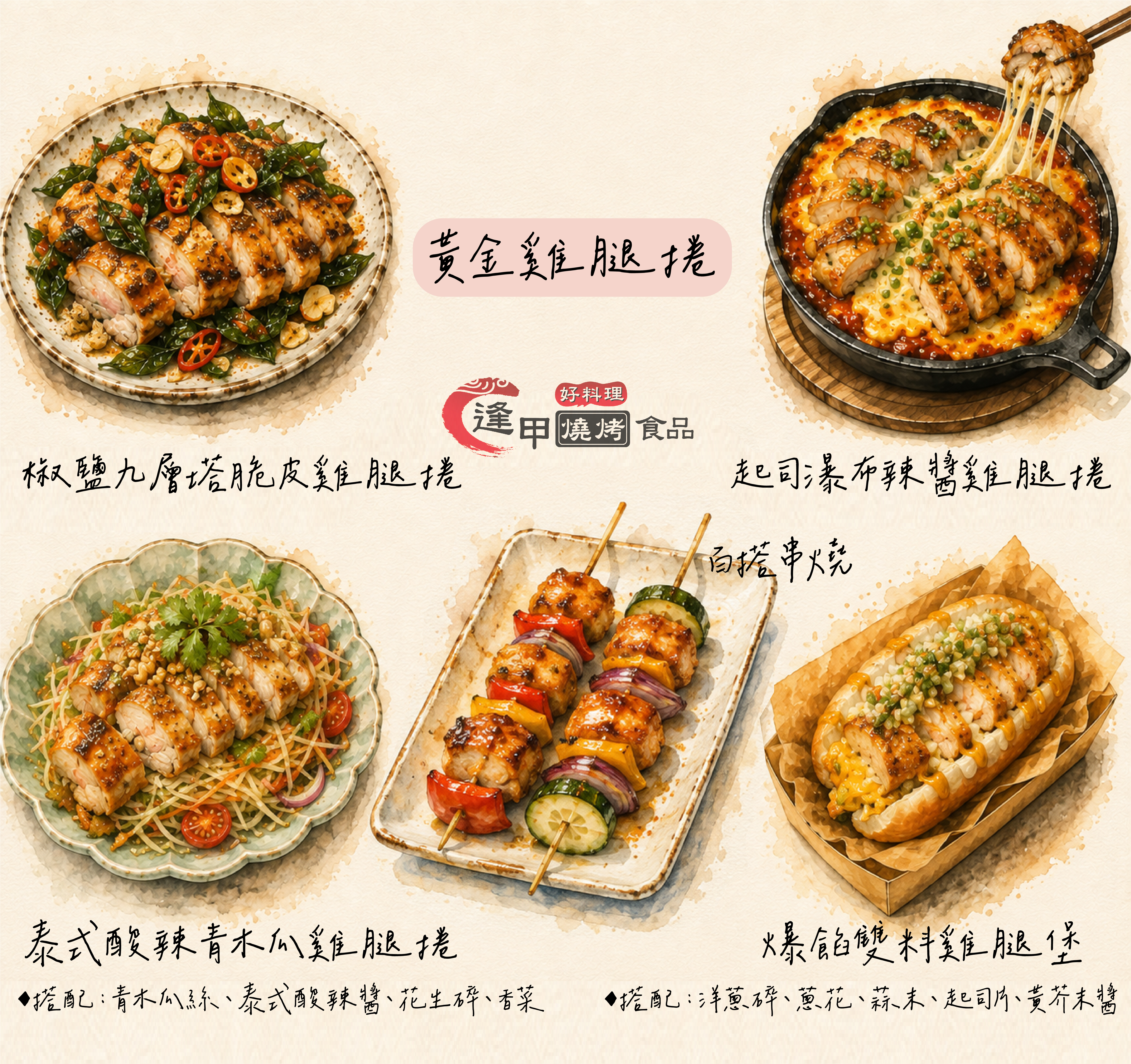 黃金雞腿捲5大熱門料理手繪風格圖解：1.椒鹽九層塔脆皮雞腿捲、2.起司瀑布辣醬雞腿捲、3.泰式酸辣青木瓜雞腿捲、4.百搭串燒(搭配小黃瓜、洋蔥、甜椒)、5.爆餡雙料雞腿堡