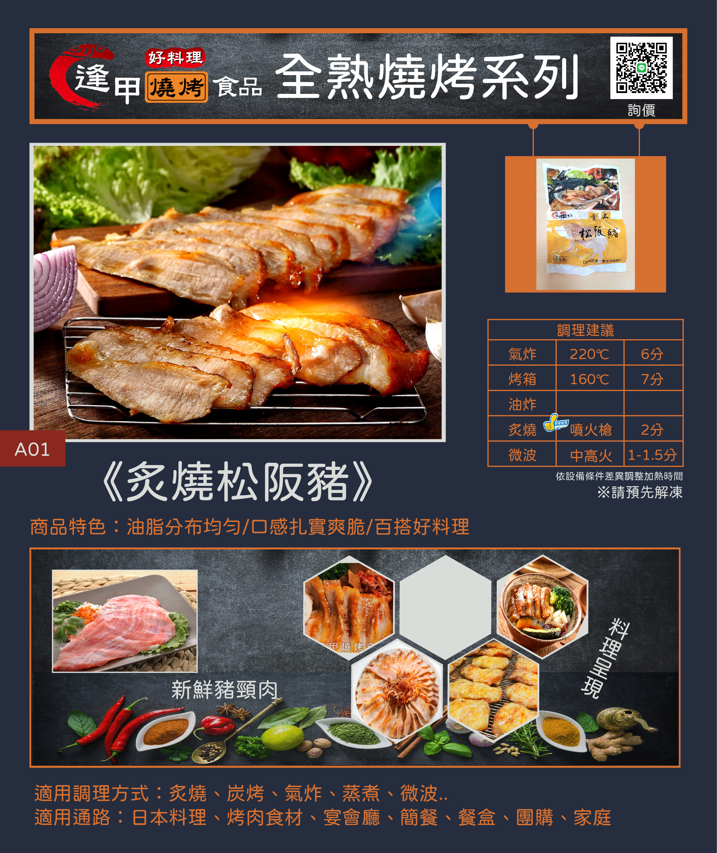 炙燒松阪豬產品特色與加熱指南：嚴選黃金六兩豬頸肉，職人直火炙燒。適用氣炸鍋180度4-6分鐘、平底鍋乾煎2-3分鐘、微波爐1.5分鐘即食。適合深夜下酒、戶外露營、家庭快炒等用餐情境。