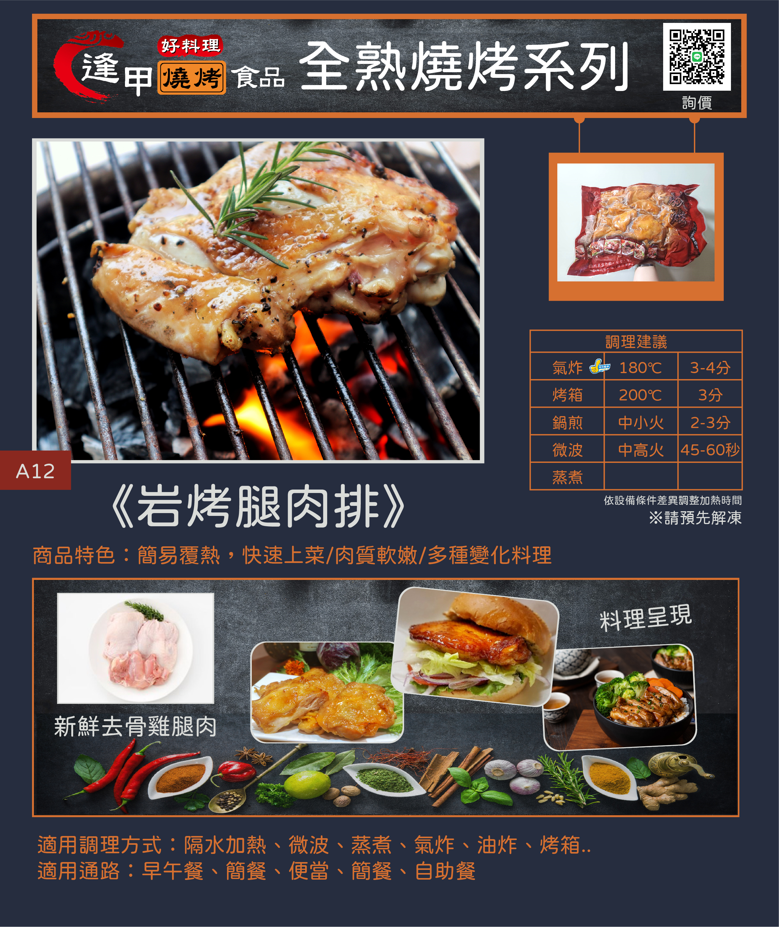 岩烤腿肉排產品特色與加熱指南：嚴選腿仁肉部位，帶有燒烤香氣。適用氣炸鍋180℃4-6分鐘、微波爐1.5分鐘即食。適合便當、上班族、家庭主婦、早午餐蛋餅土司漢堡等用餐情境。