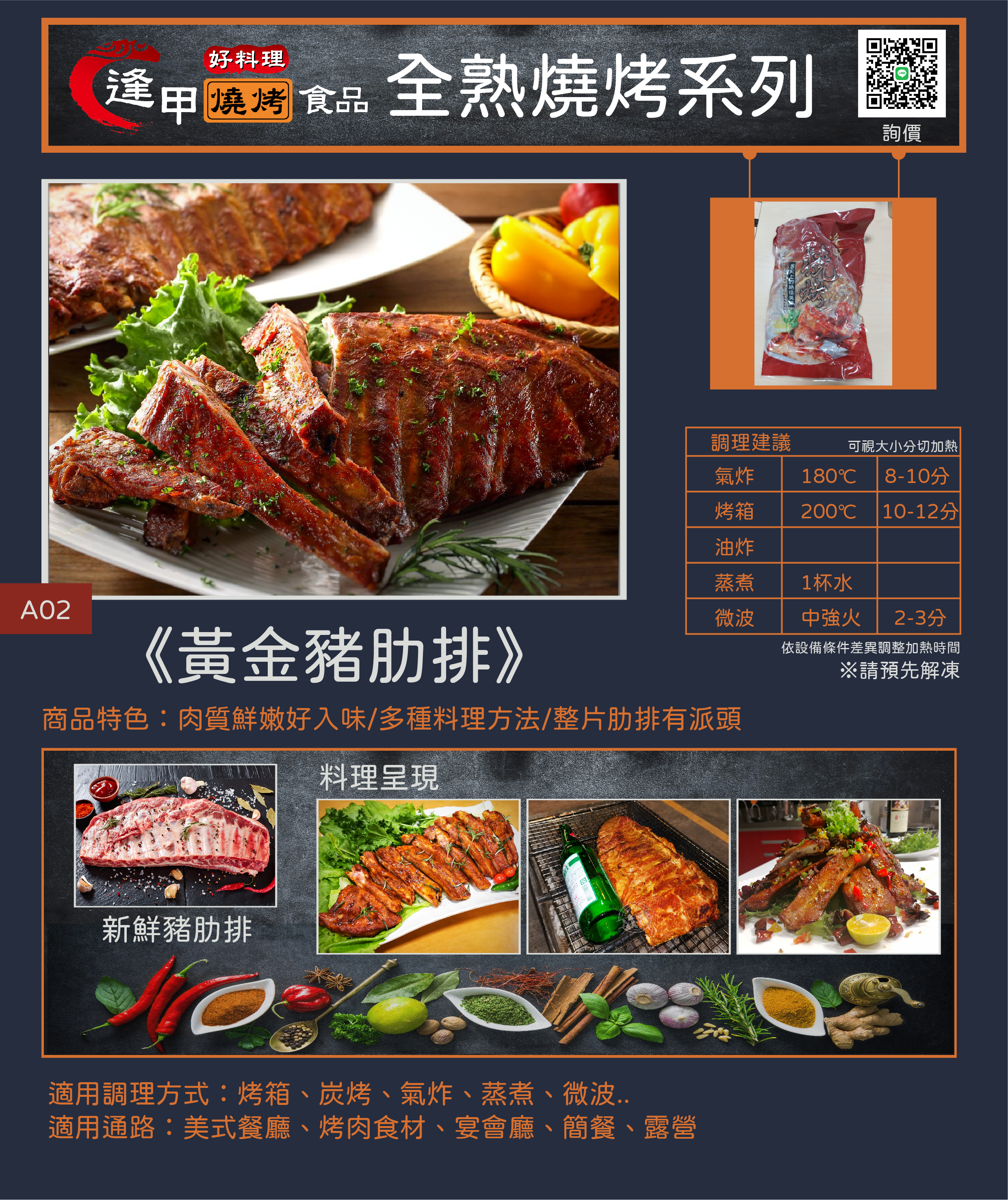 黃金豬肋排產品特色與加熱指南：嚴選豬腹協肉，熟化燻烤上色。適用氣炸鍋180度8-10分鐘、電鍋加1杯水、微波爐2-3分鐘即食、烤箱10-12分鐘。適合家庭聚餐、露營野炊等用餐情境。