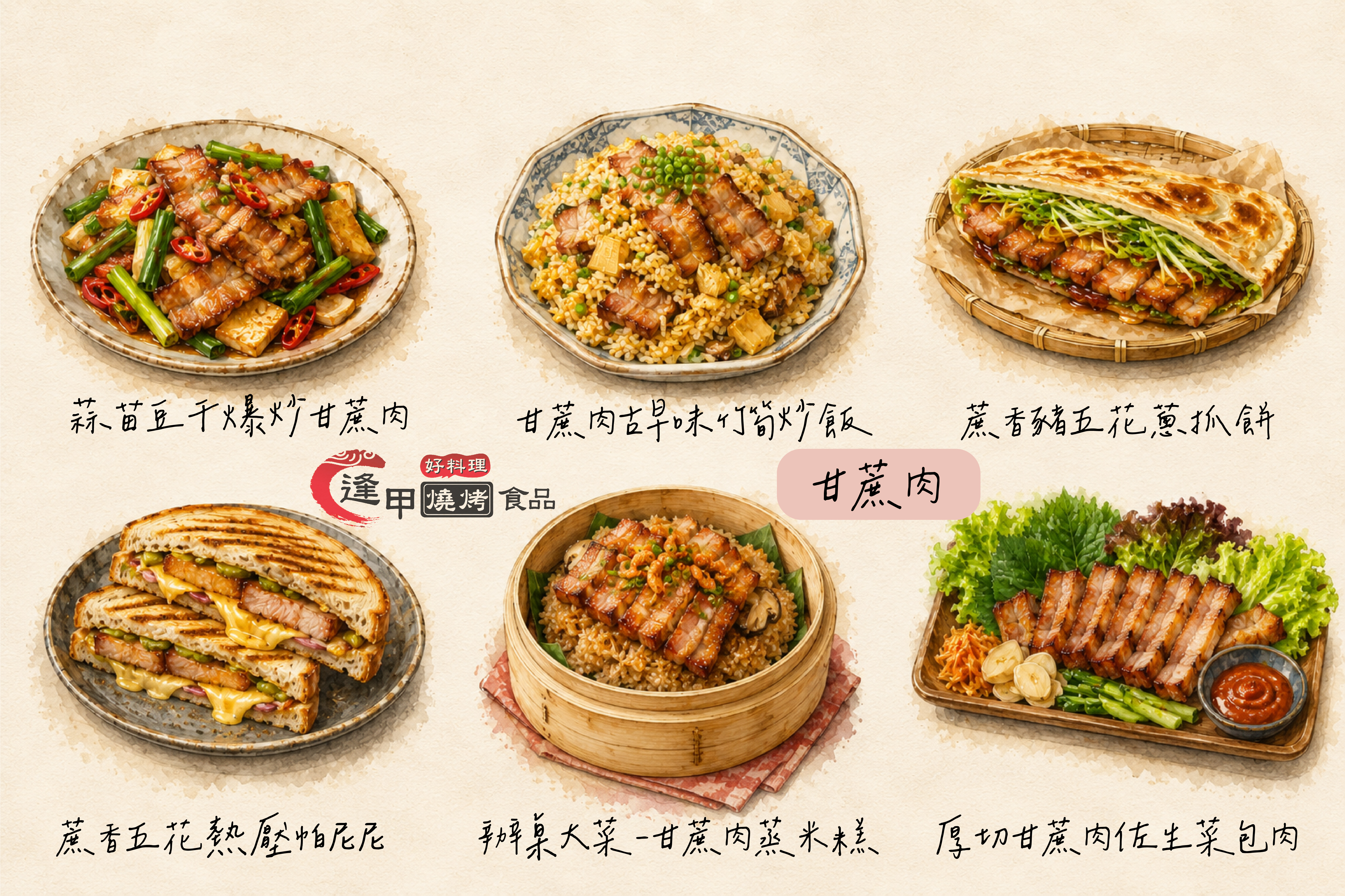 甘蔗肉6大熱門料理手繪風格圖解：1.蒜苗豆干爆炒甘蔗肉、2.古早味竹筍炒飯、3.蔥抓餅主菜、4.熱壓帕尼尼、5.辦桌大菜蒸米糕搭配肉類主菜、6.厚切五花肉生菜包肉。