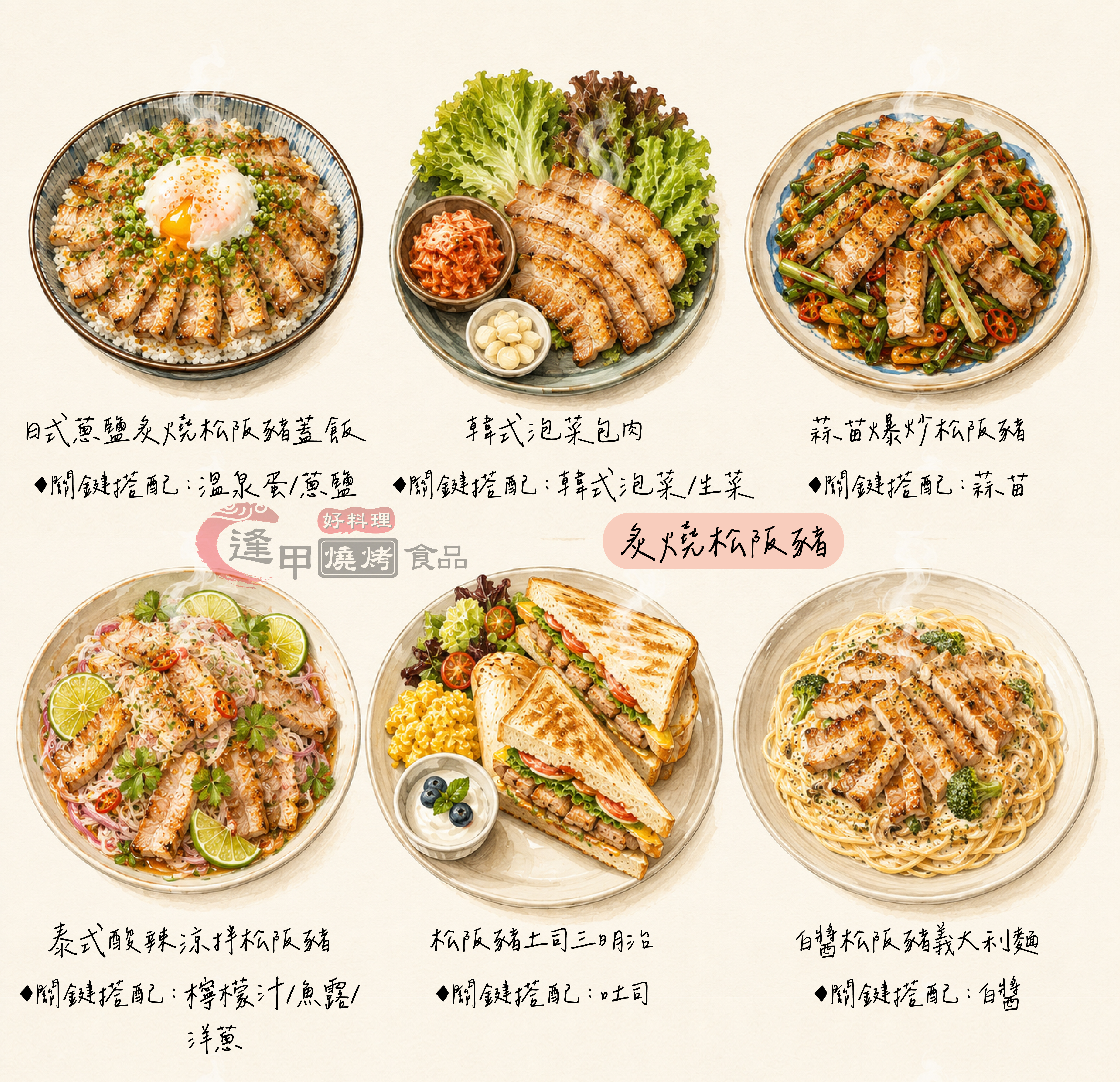 炙燒松阪豬6大熱門料理手繪風格圖解：1.日式蔥鹽炙燒松阪豬丼飯（搭配溫泉蛋與蔥鹽醬）、2.韓式泡菜包肉松阪豬（搭配生菜與蒜片）、3.傳統台式蒜苗爆炒松阪豬、4.夏日開胃泰式酸辣涼拌松阪豬、5.早午餐松阪豬吐司三明治、6.白醬松阪豬義大利麵。