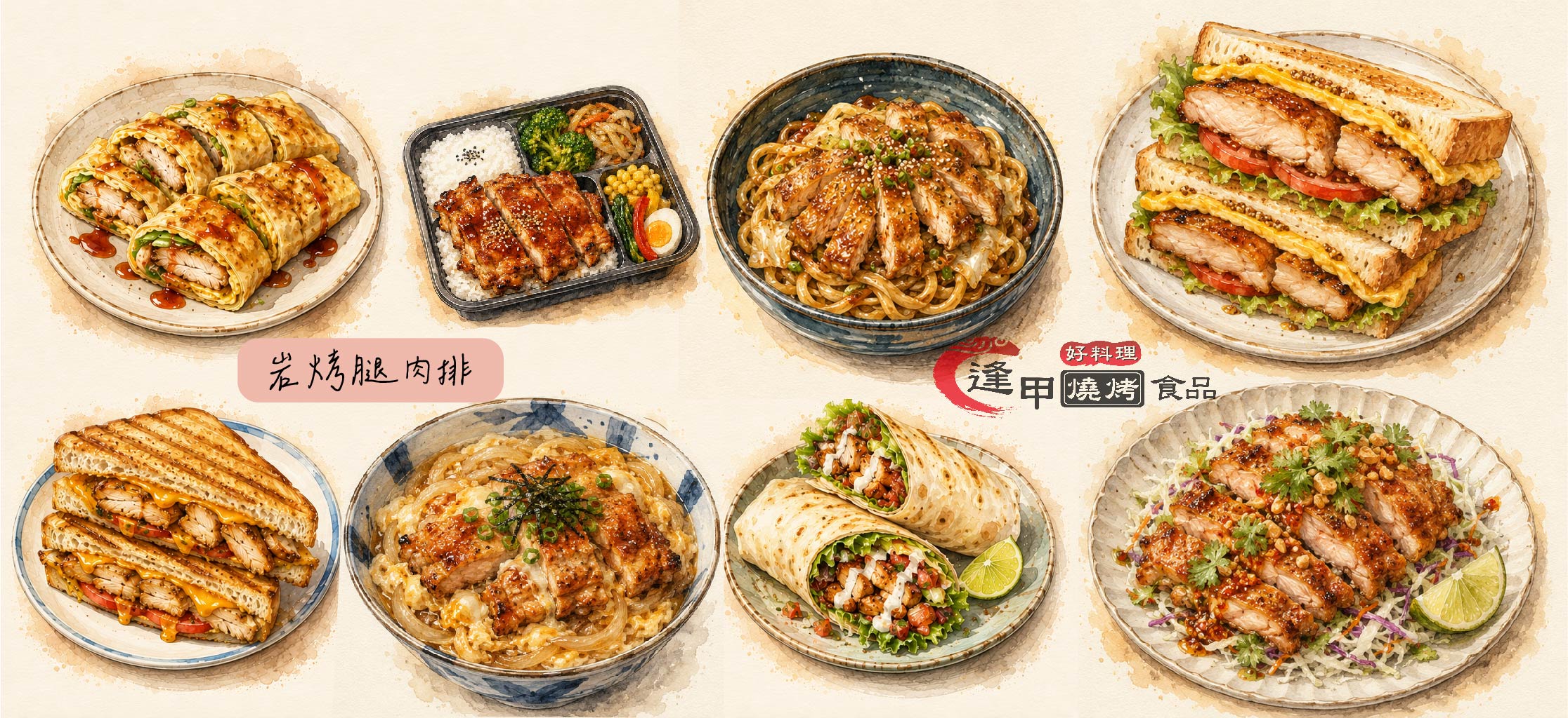 岩烤腿肉排8大創意吃法與熱門料理圖1.蛋餅2.會議便當3.雞腿排烏龍麵4.雞腿排吐司5.雞腿排帕尼尼6.照燒雞腿蓋飯7.墨西哥雞腿捲8.泰式雞腿排