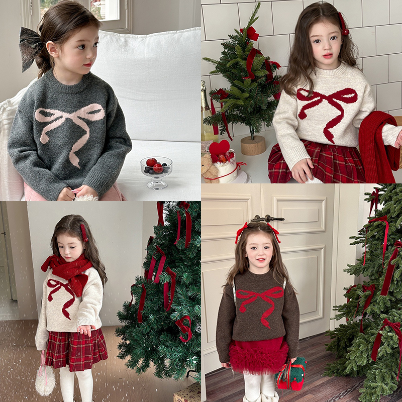 A1-033 聖誕新款甜美蝴蝶結提花加厚針織毛衣