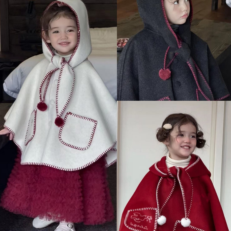 C1-106 聖誕新款雙面呢料連帽毛球斗篷加厚外套